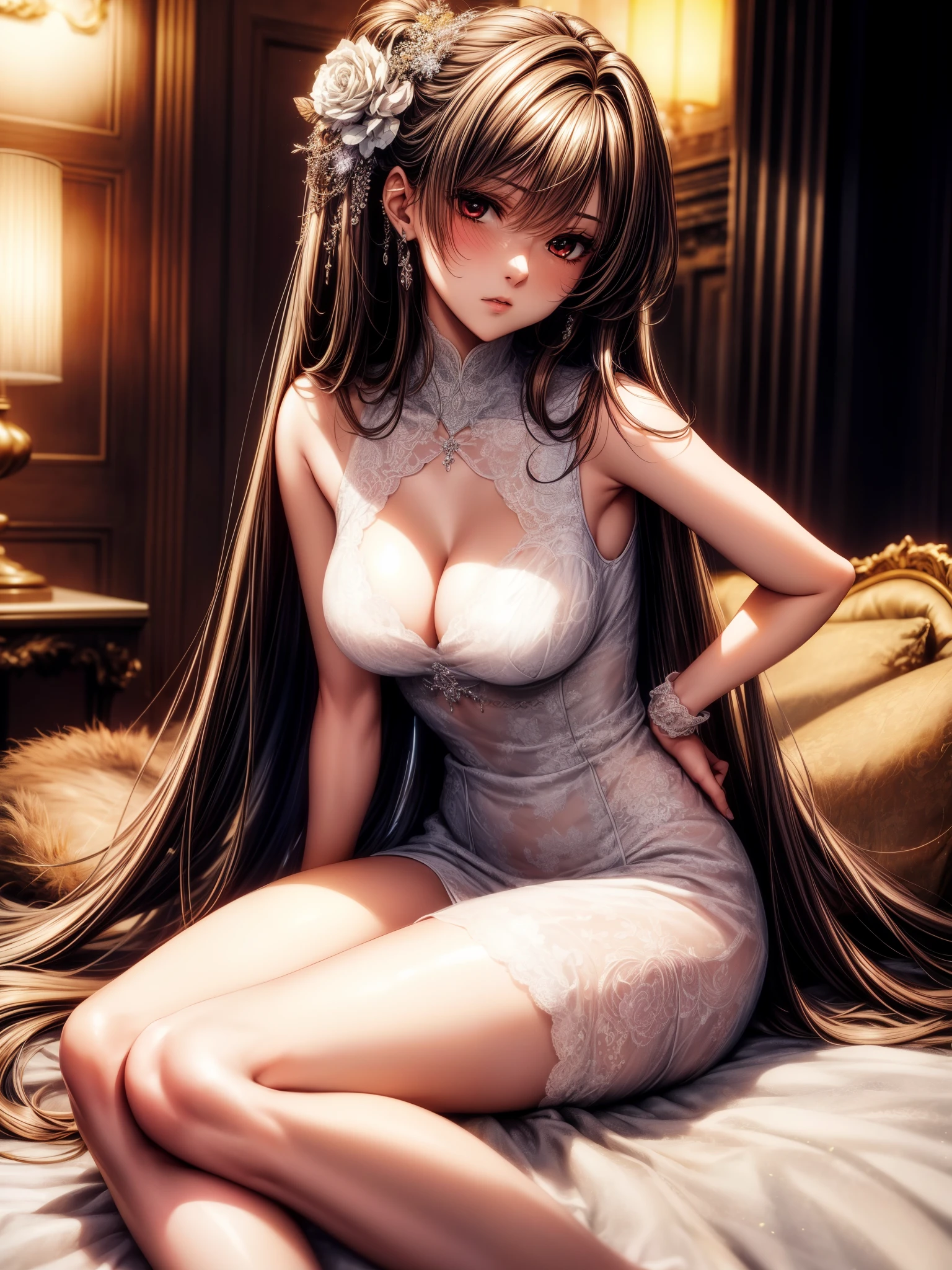 (masterpiece:1.2), (Best quality at best:1.2), perfect eyes, perfect face, 1 Girl, Alone, 8K, Best Quality, large breast,(Detailed description of hair), (Detailed description of face),(Detailed description of body), fair and clear skin, matchless beauty, long legged, facing the audience, professional photographic lighting, kurohime yuhi, dark brown haired, red eyes, long hair, 18 years old,sexy pose,wedding dress