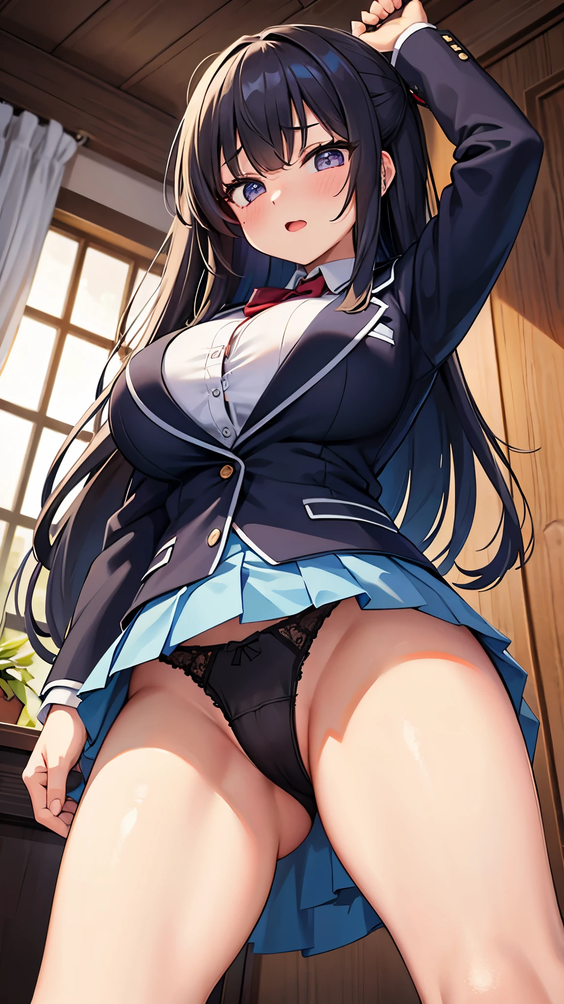 blazer,underwear,wedgie,lift up skirt,stoop down,,large breasts,drooping eyes,moaning,flushed cheeks,from below,peer in from below,indoor,high quality
