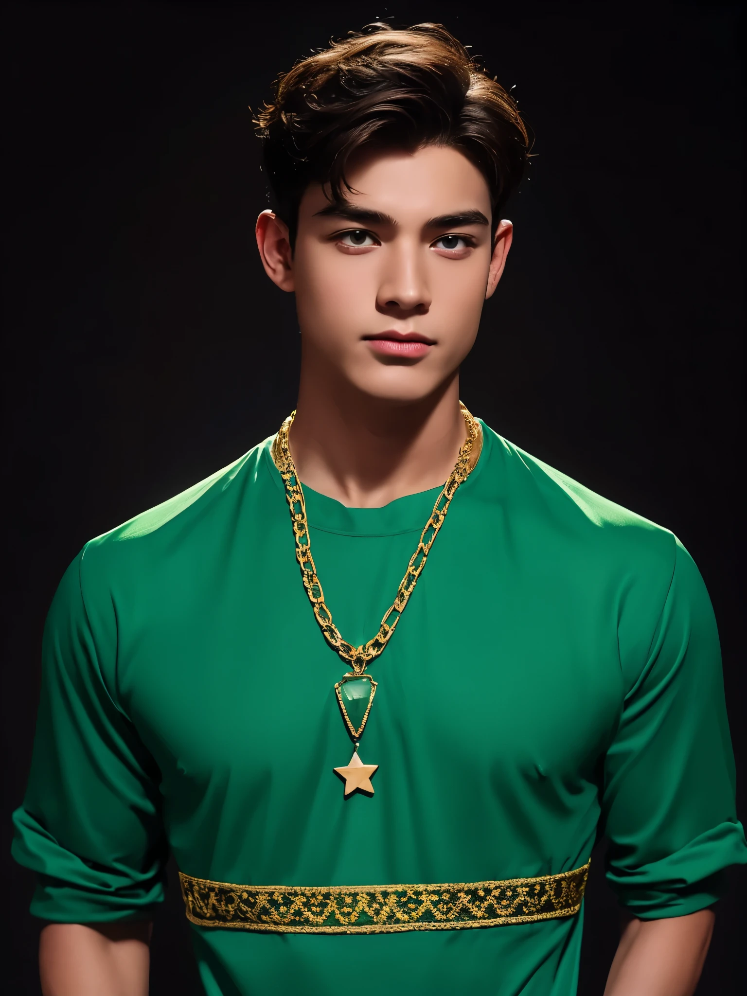 Attractive guy , the boy has very short brown hair, emerald eyes, on a black background - galaxy , stars . The Magic Look ! gold chain with emerald around the neck.  top quality portrait photo !