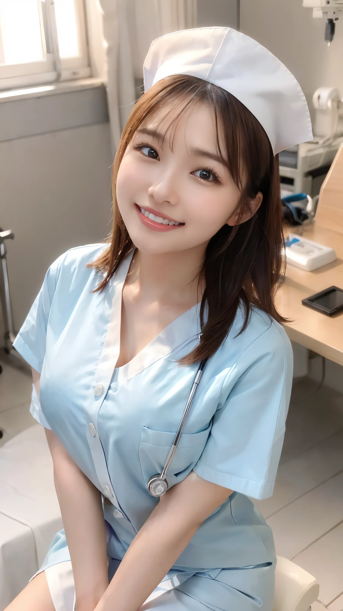 ((1 nurse,white nurse uniform、Basic Nurse Cap,short white tight skirt,Photo seen diagonally from above,Take a photo from above,Look at me with a smile,looking at camera,look at the camera,Treatment room in a hospital room,Take photos from up close to her)),big breasts,very detailed顔、Put a stethoscope around your neck,double eyelid、white and clean teeth,brown eyes,chest enhancement,emphasize body line,smile at me lovingly、perfect makeup,gentle expression、beautiful lips,glossy lips,Detailed depiction of the background of the hospital room,perfect lighting、hyper realism、8k for the highest resolution,Award-winning work,table top,Natural light,natural soft light)),((looking at camera,big smile,white teeth,A big smile,カメラを見つめるA big smile),((High-definition RAW color photo, professional photos, very delicate and beautiful, very detailed,finely, huge file size,best image quality,8k,Photo taken with a single-lens reflex camera))