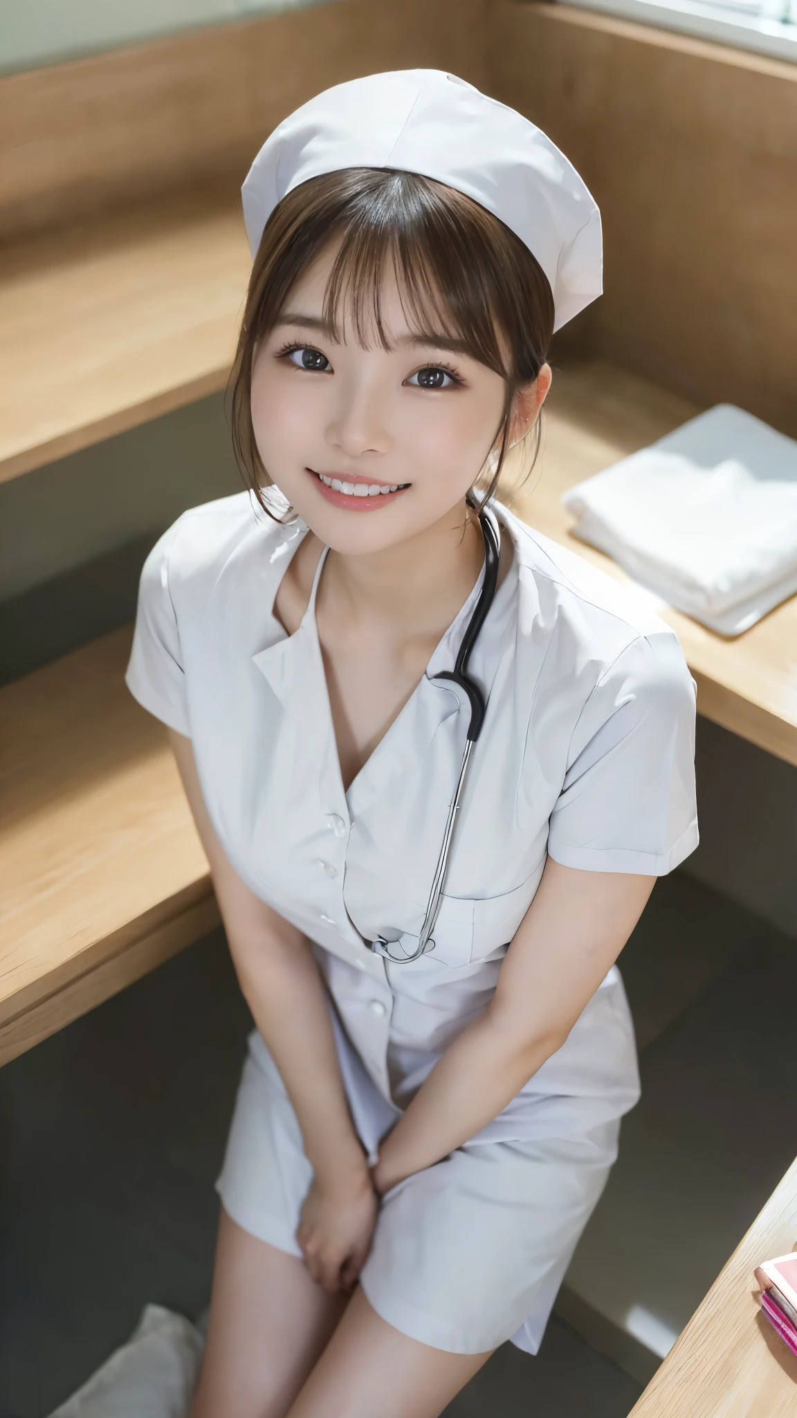 ((1 nurse,white nurse uniform、Basic Nurse Cap,short white tight skirt,Photo seen diagonally from above,Take a photo from above,Look at me with a smile,looking at camera,look at the camera,Treatment room in a hospital room,Take photos from up close to her)),big breasts,very detailed顔、Put a stethoscope around your neck,double eyelid、white and clean teeth,brown eyes,chest enhancement,emphasize body line,smile at me lovingly、perfect makeup,gentle expression、beautiful lips,glossy lips,Detailed depiction of the background of the hospital room,perfect lighting、hyper realism、8k for the highest resolution,Award-winning work,table top,Natural light,natural soft light)),((looking at camera,big smile,white teeth,A big smile,カメラを見つめるA big smile),((High-definition RAW color photo, professional photos, very delicate and beautiful, very detailed,finely, huge file size,best image quality,8k,Photo taken with a single-lens reflex camera))