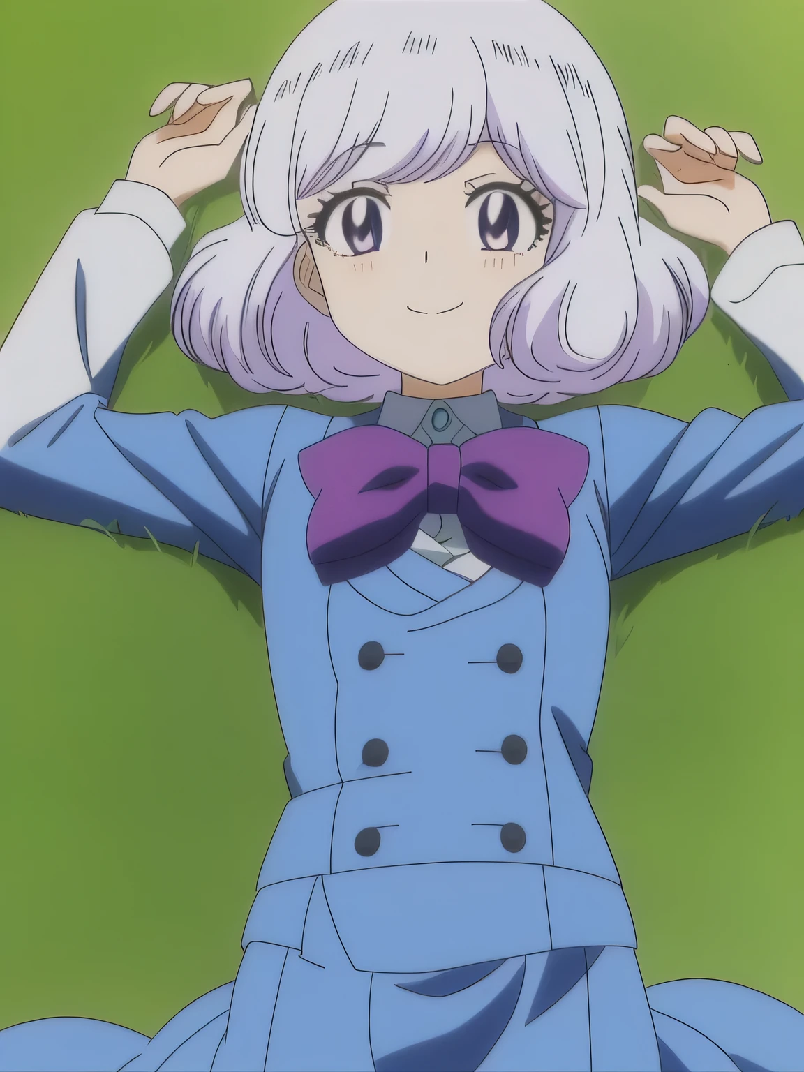 sannomiya shiho, dynamic pose, cute, anime screencap,, 8k, masterpiece, absurdres, anime, screencap, high quality solo, cowboy shot, lying, on back, on grass, spread arms, shy smile, arms up, closed mouth,