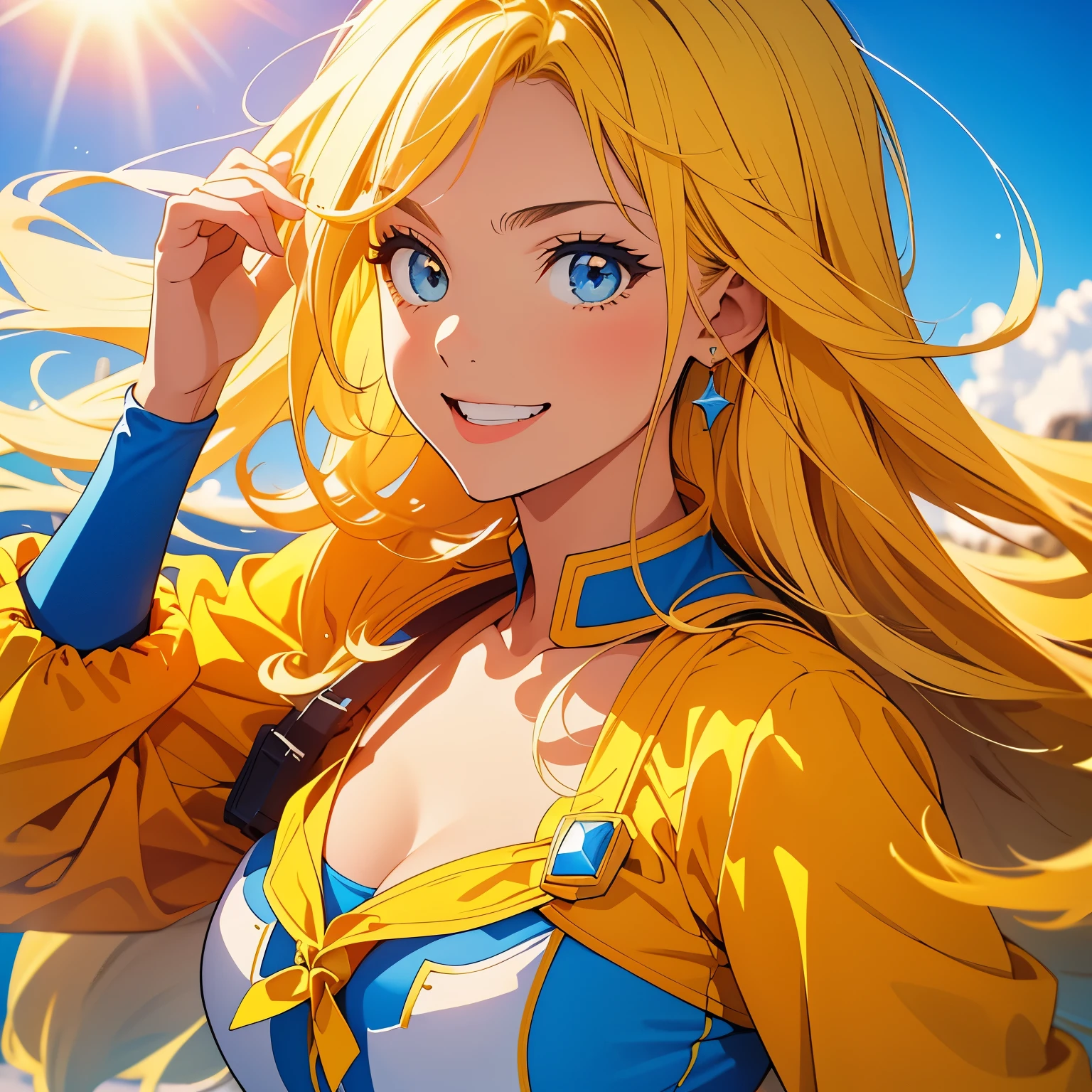 beautiful girl 19 years old superhero. cabello rubio brillante sonrisa, rubor, ojos celestes. pechos grandes, blue and yellow superhero costume.  volando por el cielo , cabello rubio . piel clara rubia. pechos grandes.