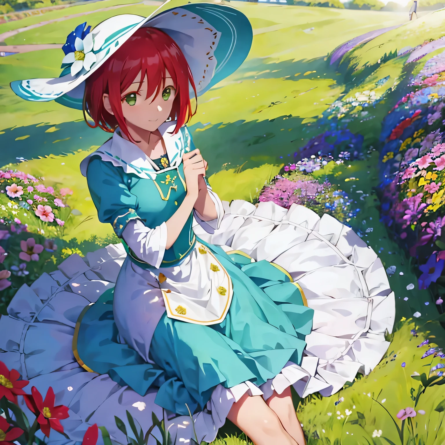 obra de arte, melhor qualidade, contorno, 1 garota, Sozinho, profundidade de campo, linha clara, Realista, shirayuki-hime, sorrindo, em um campo de flores, com roupa de marinheira, idol pose, roupa azul e branca, Flower Hat