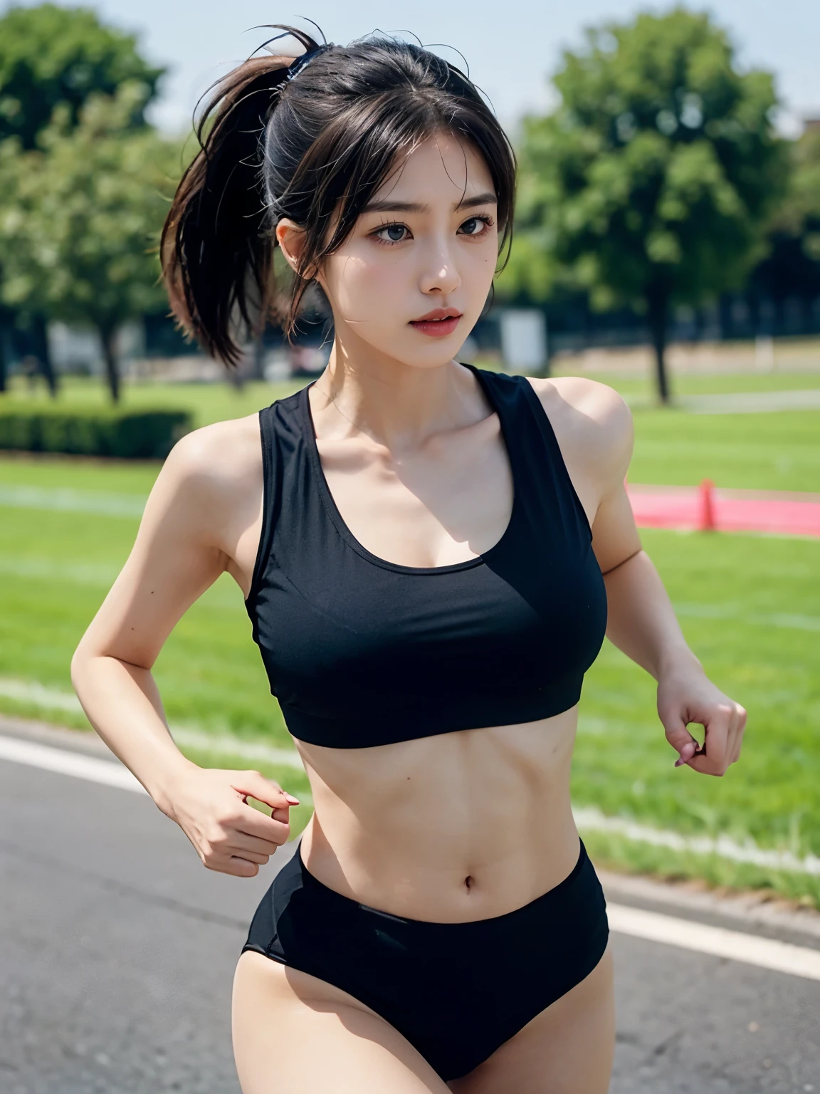 alone,Beauty、beautiful woman、big breasts、big breasts、slim body shape、various positions、Black Sportswear、black sports bra、ponytail、running