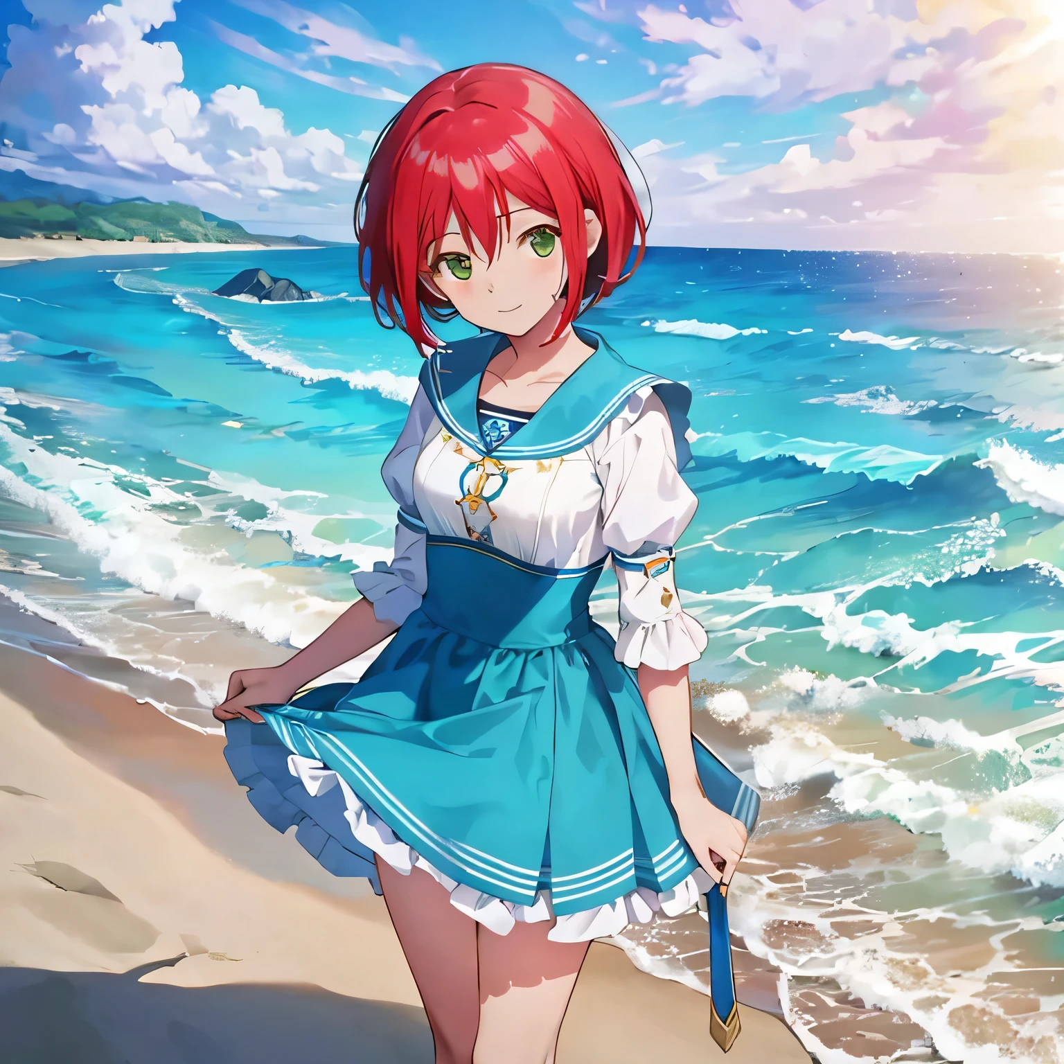 obra de arte, melhor qualidade, contorno, 1 garota, Sozinho, profundidade de campo, linha clara, Realista, shirayuki-hime, sorrindo, em uma praia, com roupa de marinheira, idol pose, roupa azul e branca