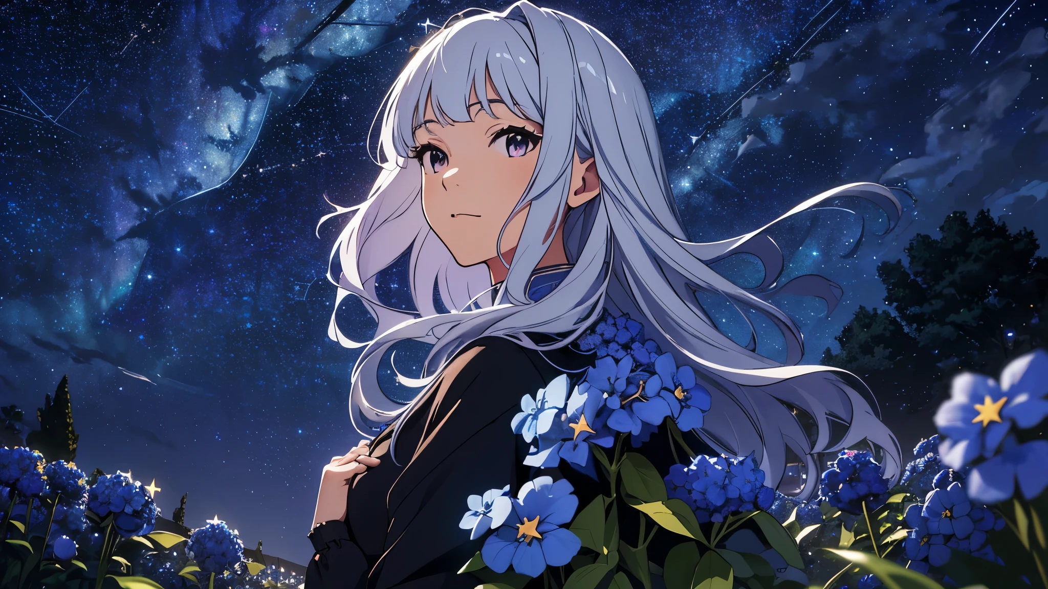 CG, unity, 8k, wallpaper, highest quality, masterpiece, best lighting, complex textile, detailed background, (starry skies: 1.5), (night: 1.5), vast flower garden, quiet flower garden, (blue flowers: 1.3), 1 woman, white hair, Rear view looking up at the sky, a little far away, beautiful