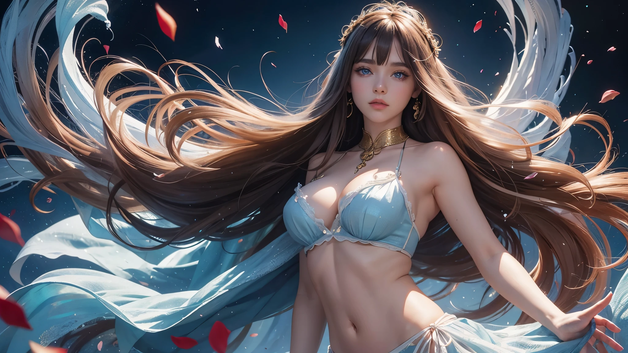 best image, (8k, original photo, actual), Detailed and delicate depictions and gorgeous and dynamic techniques, beautiful and lovely woman, Big blue eyes sparkling, long eyelashes, double eyelids, Light brown flowing layered bangs braid, Emotional expression, lewd expression,medium breasts, abdominal muscles, elongated, Perfect proportion, Red, attractive, moist thick lips, Large loose fluffy girls camisole dress, Blurred background fantasy, falling petals, iridescent gold particles