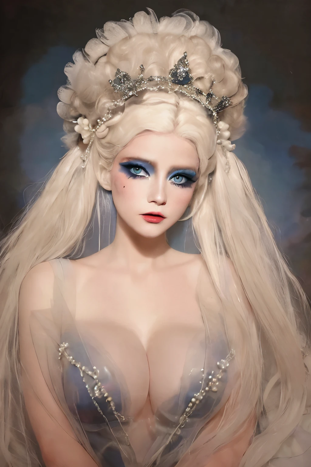 lifeimitatesart (masterpiece, raw photo, fashion editorial) a woman, white wig, bouffant, dark shot, rococo, seraphim, transparent dress, pearls, painted backdrop, cloud faded, film grain, muted colors, photography, epic realistic, blue eyes, enigmatic smile, Huge breast, detailed face, soft focus