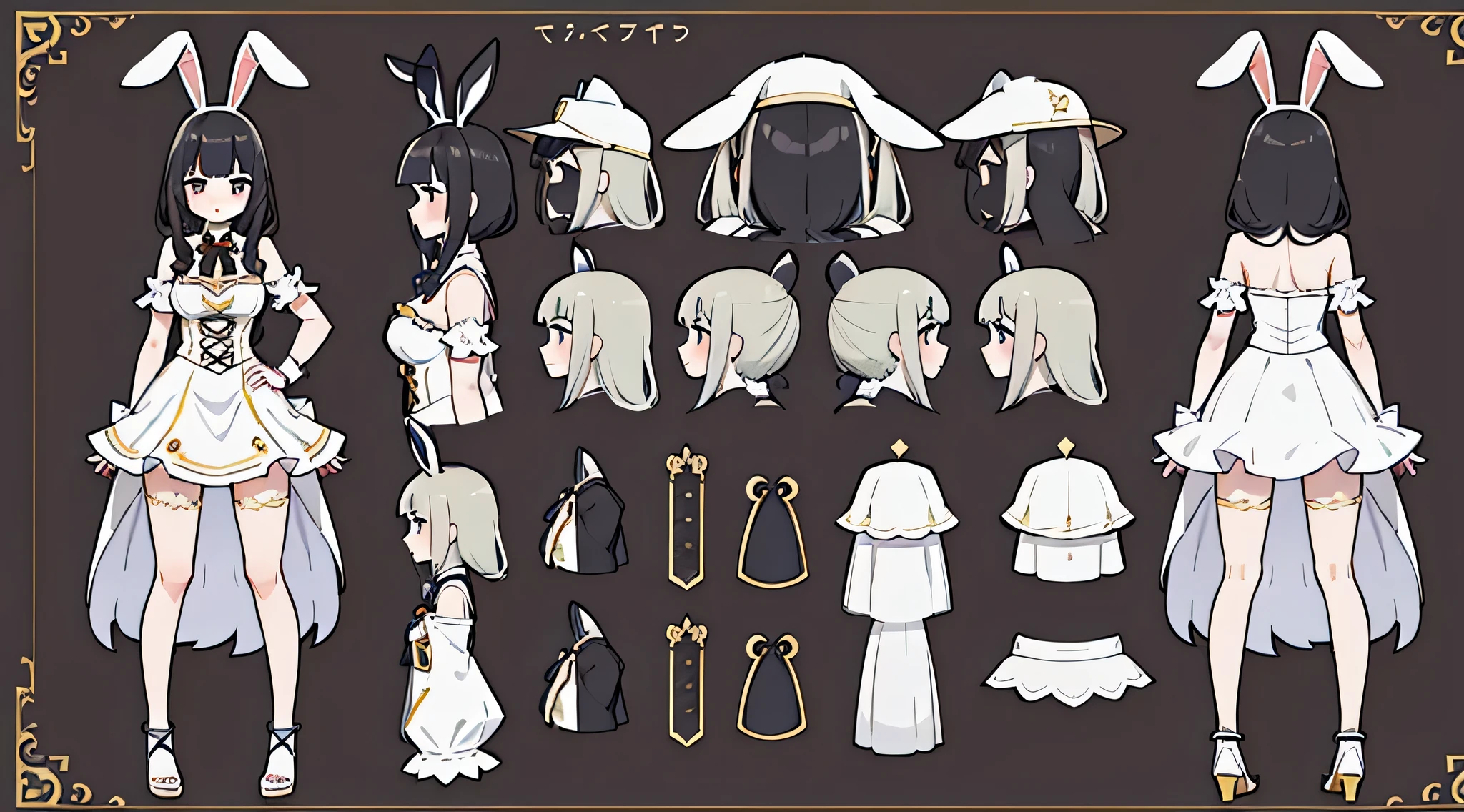 (Masterpiece, highest quality)), detailed face, character sheet, Full body, full of details, multiple poses and expressions, highly detailed, depth, many parts, 1girl, bunny costume, bunny ears, black hair, wavy hair, long hair, blunt bangs, tsundere