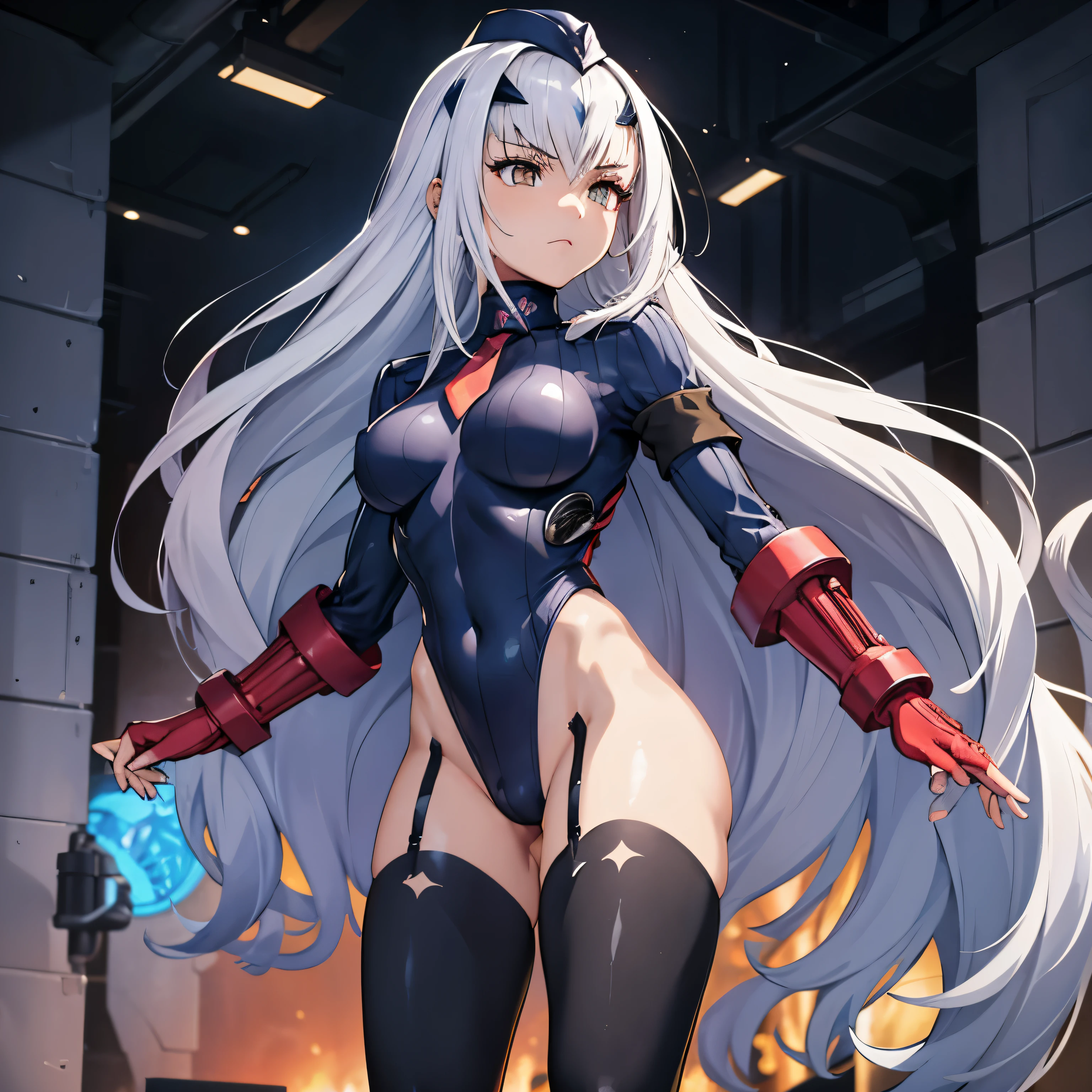 haveรายละเอียดมาก, clear, beautiful body, Beautiful nose, Beautiful character design, perfect eyes, perfect face, very high, 4k, Beautiful legs, perfect legs, good hand, perfect hand, Masterpiece, best quality, haveรายละเอียดสูง, illustration, nonsense, perfect anatomy, street fighter, doll set, Chadaloo Doll, doll set, expressionless, ดวงempty eyes, look at viewer, red gloves, Emotionless, black Latex, corruption, mind control, female warrior, full body, hypnotized, ความมึนงงที่ไม่haveความสุข, full body suit, ชุดบอดี้สูทแบบhaveจั๊ม, Both arms are at the sides., obey, perfect woman's body, extremely glossy Latex, hypnosis, Hipnolora, empty eyes, mind control device, Poses, give up_Pose, slave, stand straight, stand, stand at attention, have, necktie, belt, Latex, ชุดบอดี้สูทแบบhaveจั๊ม, thigh high, garter belt, fighting posture, Extend your right arm away from your shoulder into the air with your hand straight., soldier, Ankle boots, 1 girl, hair accessories, white hair, long hair, golden eyes, (((pixel perfect, perfect details))), alone, 1 girl, Fairy Knight Lancelot, Melousine,fortune/Grand Order