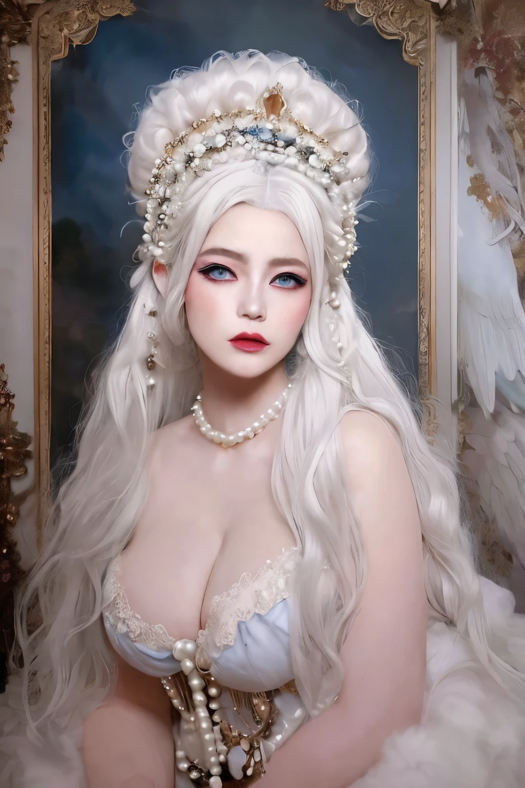 lifeimitatesart (masterpiece, raw photo, fashion editorial) a woman, white wig, bouffant, dark shot, rococo, seraphim, dress, pearls, painted backdrop, cloud faded, film grain, muted colors, photography, epic realistic, blue eyes, smile, big breast, detailed face, soft focus