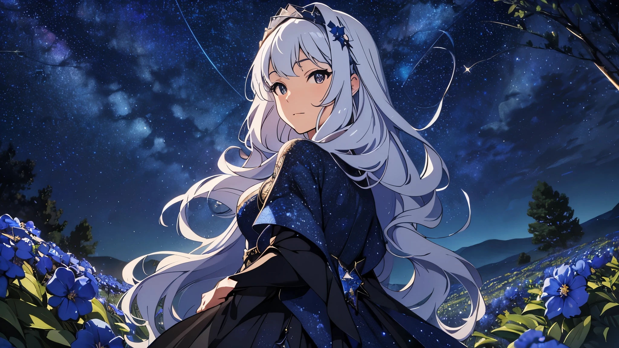 CG, unity, 8k, wallpaper, highest quality, masterpiece, best lighting, complex textile, detailed background, (starry skies: 1.5), (night: 1.5), vast flower garden, quiet flower garden, (blue flowers: 1.3), 1 woman, white hair, Rear view looking up at the sky, a little far away, beautiful