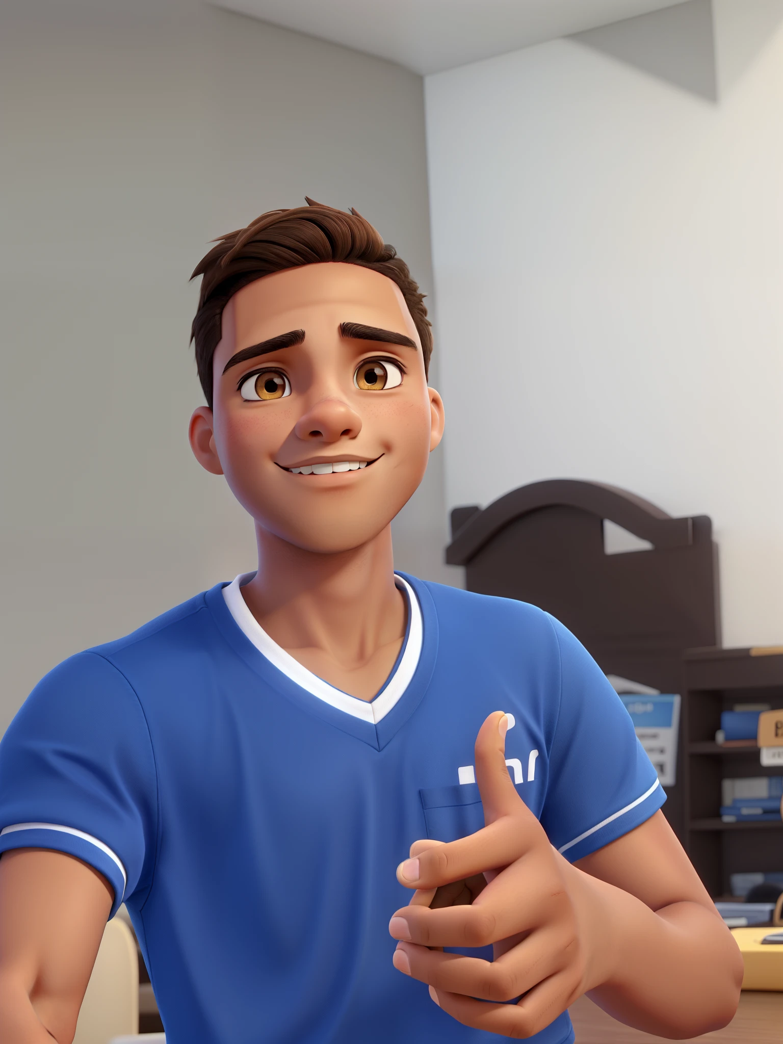A 16-year-old young man with light brown skin and dark brown eyes, straight, medium-length hair, He is wearing a blue shirt and making the like sign with his hand