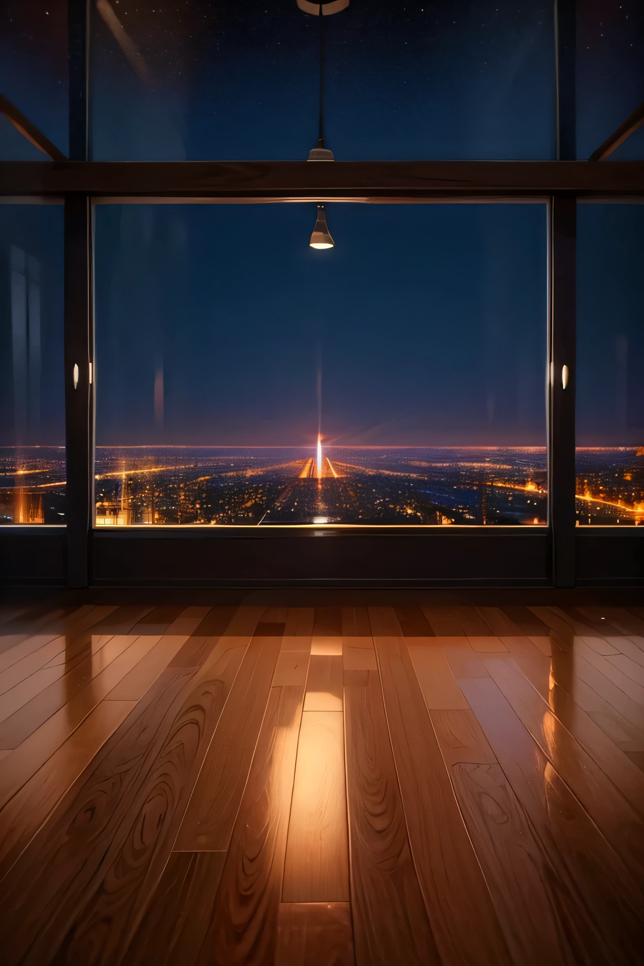 night，Floor glass，city night view，wooden floor