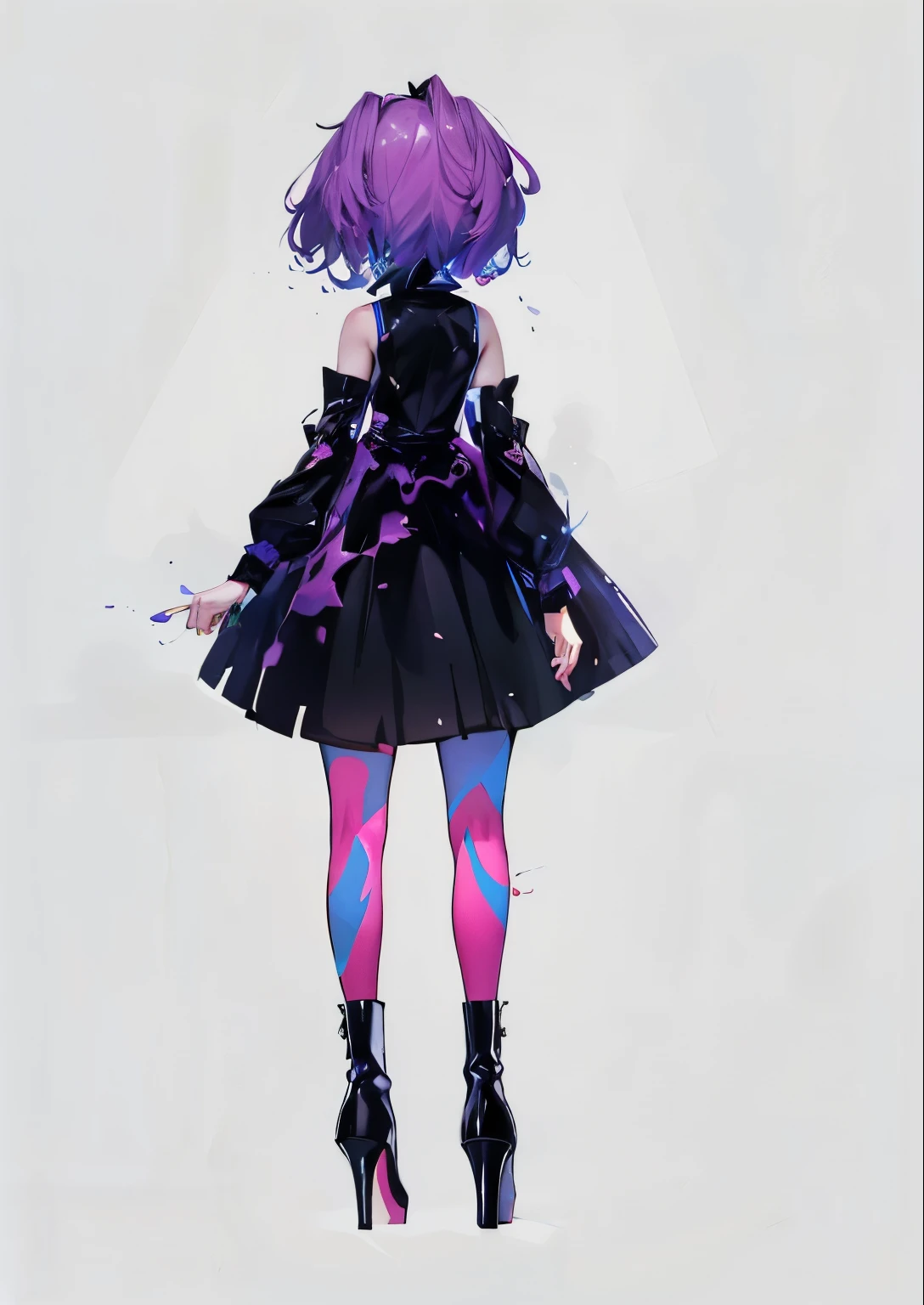 Woman facing back, woman's hair fluorescent pink, melted black costume, fluorescent stockings, poisonous apples, splashes of fluorescent poison, black high heels,