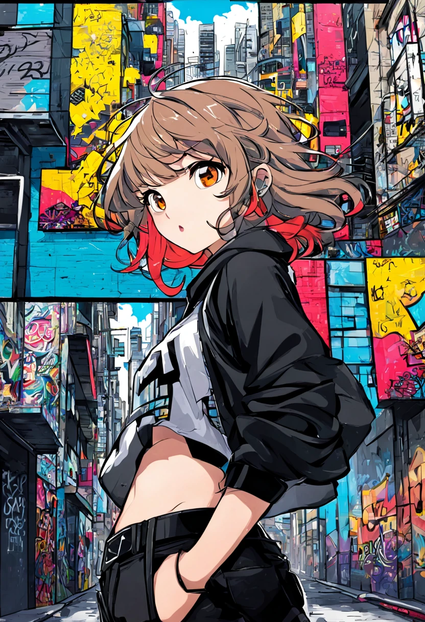 1girl, wavy hair, graffiti style comic illustration, comic panels, 4 panels, city streets, hip hop themed, clean lines, vibrant