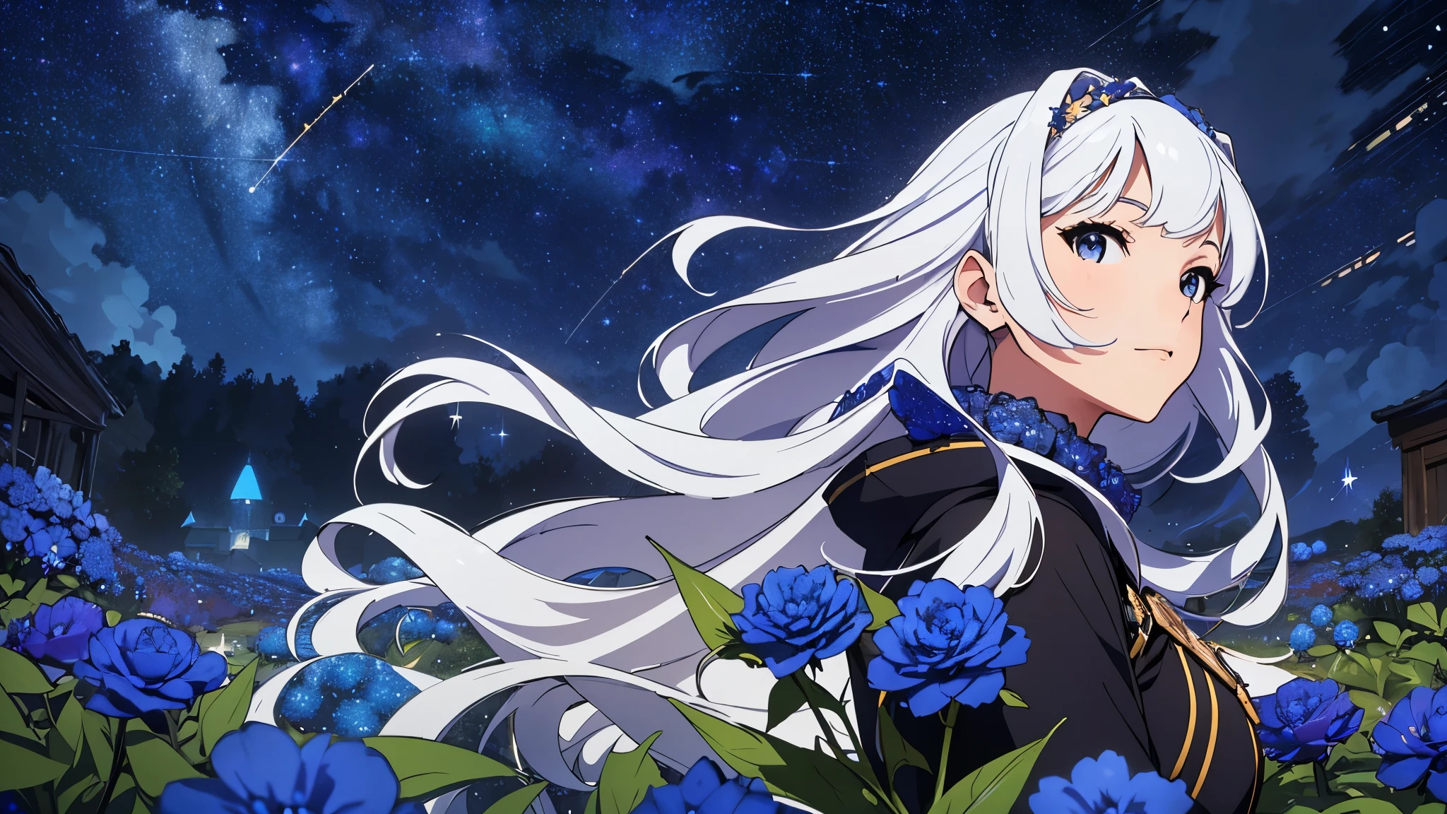 CG, unity, 8k, wallpaper, highest quality, masterpiece, best lighting, complex textile, detailed background, (starry skies: 1.5), (night: 1.5), vast flower garden, quiet flower garden, (blue flowers: 1.3), 1 woman, white hair, Rear view looking up at the sky, a little far away, beautiful