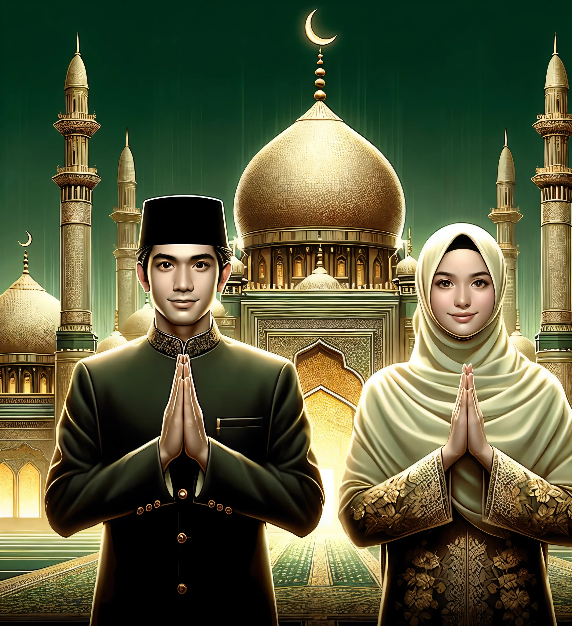 muslim couple in front of a mosque with a crescent, islam, muslim, islamic, sakimi, muira, couple, beautiful depiction, with beautiful mosques, wonderful, by Abidin Dino, by Eddie Mendoza, mekka, islamic art, mosque, religious, background fractal muqarnas, profile picture 1024px, by Basuki Abdullah