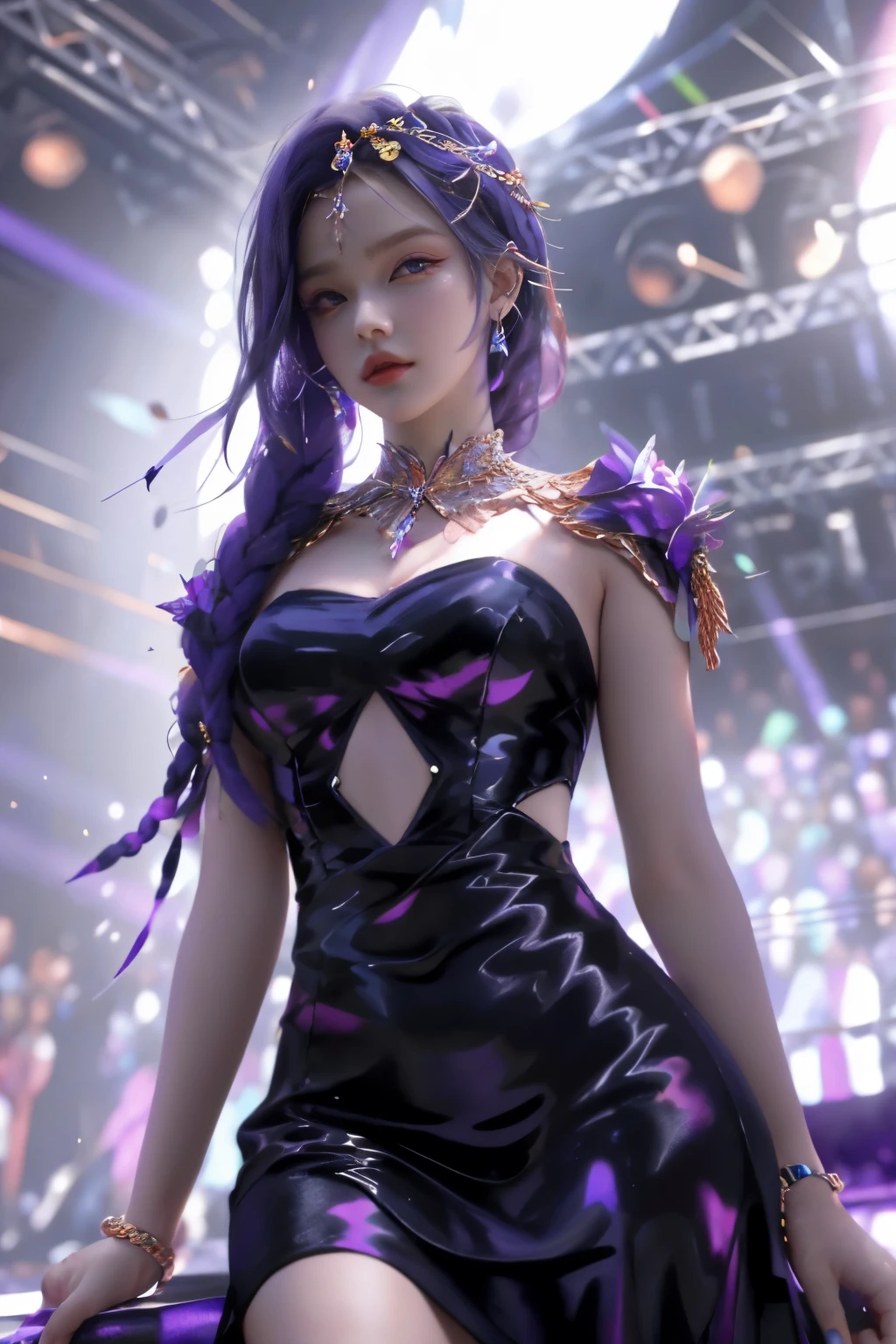 best quality， 1 girl， Keda， solo， Two braided colorful dresses， looking at the audience， upper part of body，Purple light hits the girl