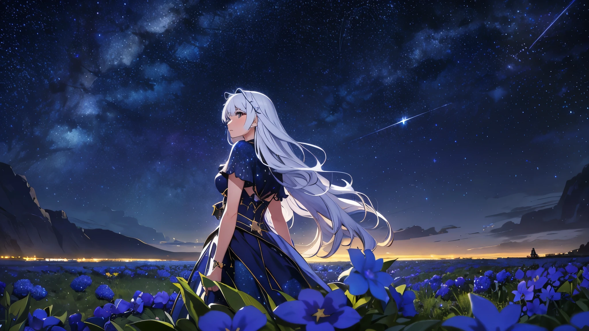 CG, unity, 8k, wallpaper, highest quality, masterpiece, best lighting, complex textile, detailed background, (starry skies: 1.5), (night: 1.5), vast flower garden, quiet flower garden, (blue flowers: 1.3), 1 woman, white hair, Rear view looking up at the sky, a little far away, beautiful