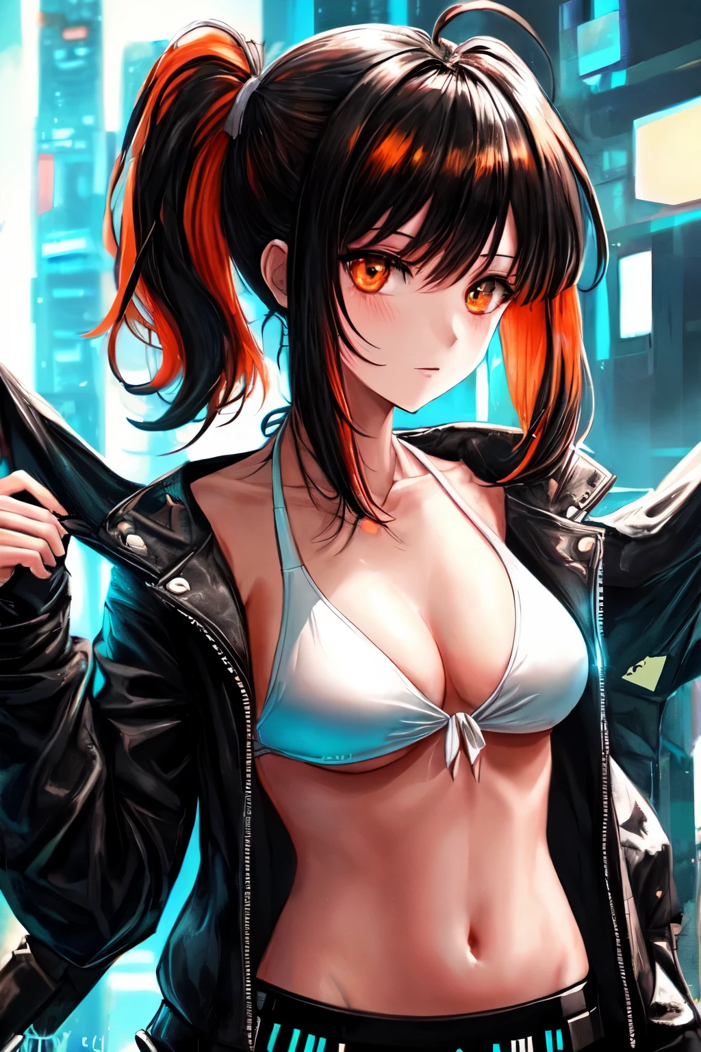 Draw a manga-style character with a physical appearance with this form of the hair Orange with black highlights, tied into two ponytails shaped like jaws, similar to Mawile from Pokémon, Eyes Pink, bright, and expressive and Build Slim and athletic, Attire Upper Body White leather jacket with cyberpunk details, such as integrated LED lights or futuristic lines, Lower Body Sporty bikini in orange, white, and black colors, blending with the cyberpunk style while allowing freedom of movement for physical activities, Personality Creative and curious Always seeking new experiences and forms of expression, Her creative mind drives her to constantly explore new ideas and concepts, glow bikini