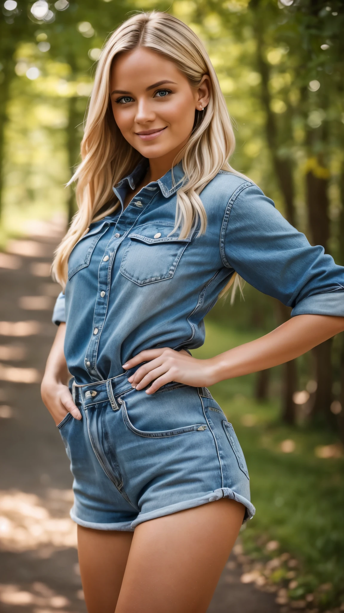 Hyper realistic and detailed full body photo of sexy blonde swedish smiling beautiful woman walks forward and looks directly at the camera with a finger in front of her lips wearing a short colorful casual outfit. sun is shining. Perfect butt. Sharp light. perfect eyes, (Eye makeup:1.1), (highly detailed skin:1.1), RAW, analog style, sharp focus, 8k UHD, DSLR, high quality, Fujifilm XT3, grain, award winning, masterpiece.