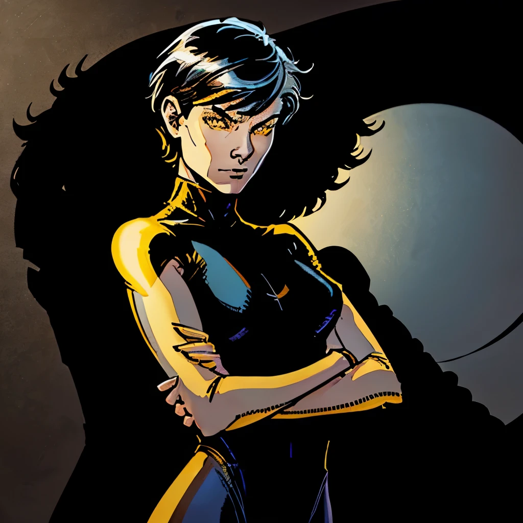 A ((young)) woman with semi pale skin, dark brown hair in the style of a ((short hair)) ((pixie cut with) (white colored tips)) (white tips of hair)) , ((glowing yellow eyes)), wearing a black turtleneck shirt with no sleeves and black tights (wearing all black) (no sleeves). She has a calm expression. She has a ((shadowy)) ((shadow)) and misty air around her and emitting from her hair. Drawn in comic book style from ((Neil Gaiman’s The Sandman)) ((simple)) ((black background)) ((space background))