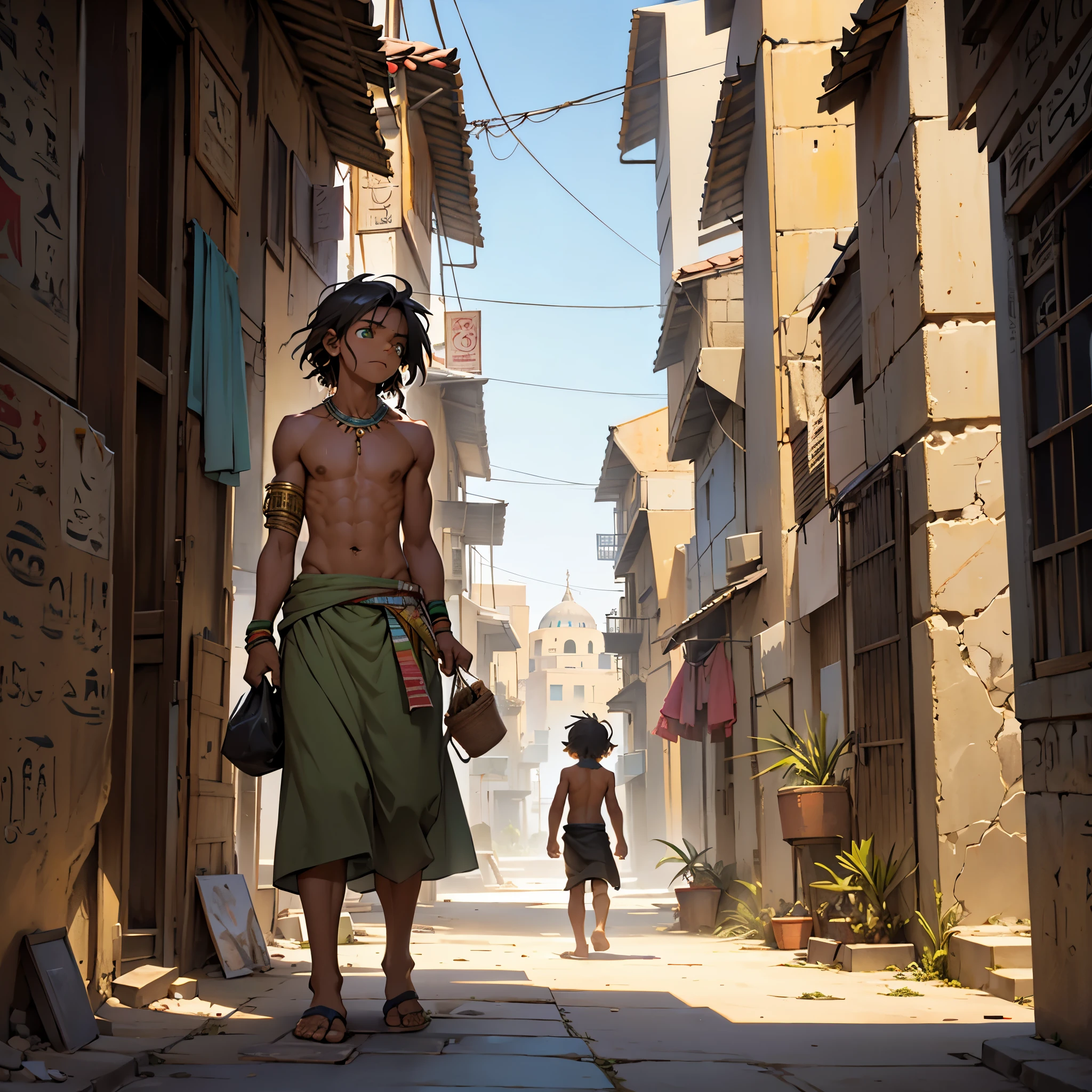 There is a 4 year old homeless boy abandoned walking looking for food shirtless with an Egyptian skirt shirtless with hair green eyes walks lost looking for food in a beautiful city of ancient Egypt, vista panoramica de la ciudad  palacios y piramides