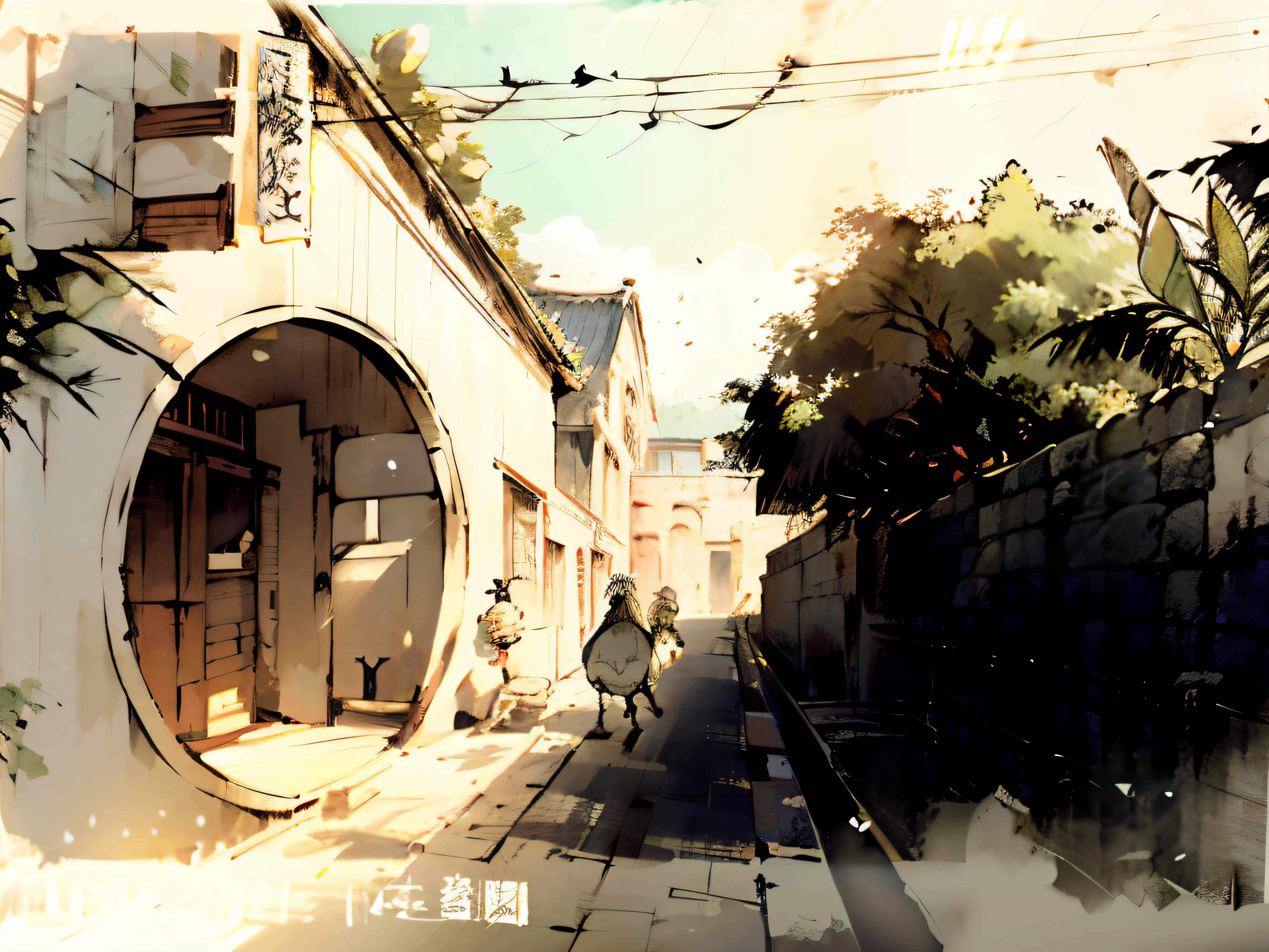 there is a draexisting of a street existith a bird on a existire, by Zou Zhe, artexistork in the style of z.exist. arrive, arriveexisteiz, by Zou Yiarrivei, The ancient city streets behind her, by Qu Leilei, author:Gang Huian, Sunlight, artexistork in the style of arriveexisteiz,round doorway,