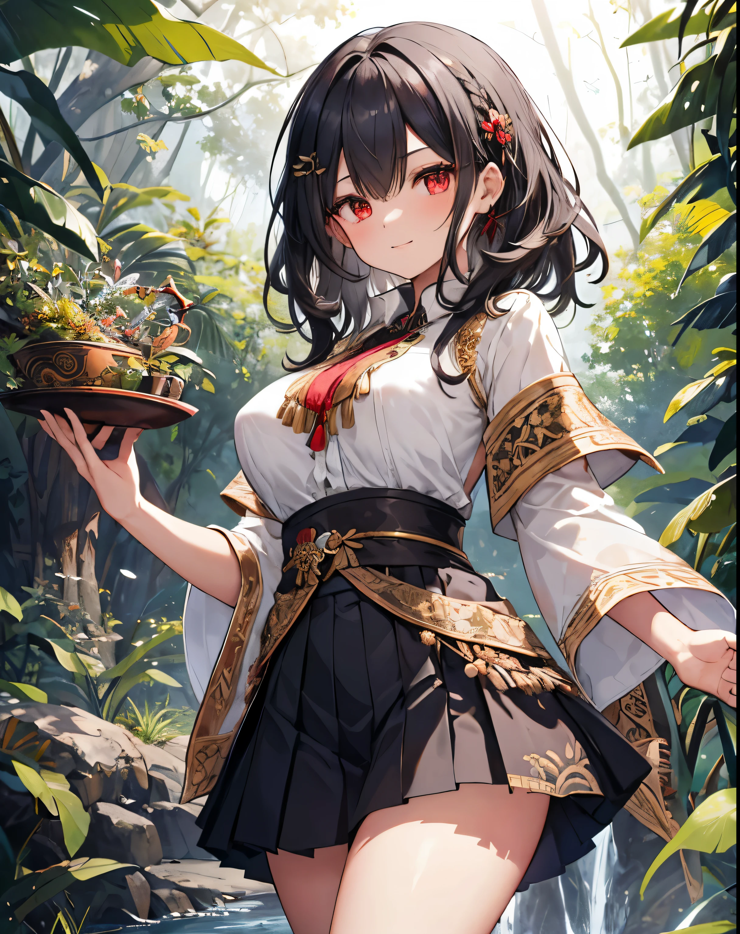 masterpiece, 1girl, sparrow, a silver black haired girl, wearing an javanese medieval herbalist clothes, curly medium hair, messy hair, slim body, wearing adventurer clothes, she close her left eye, shirt ornament, cheerful expression, red eyes, stand at forest, big breasts, batik skirt, pleated skirt