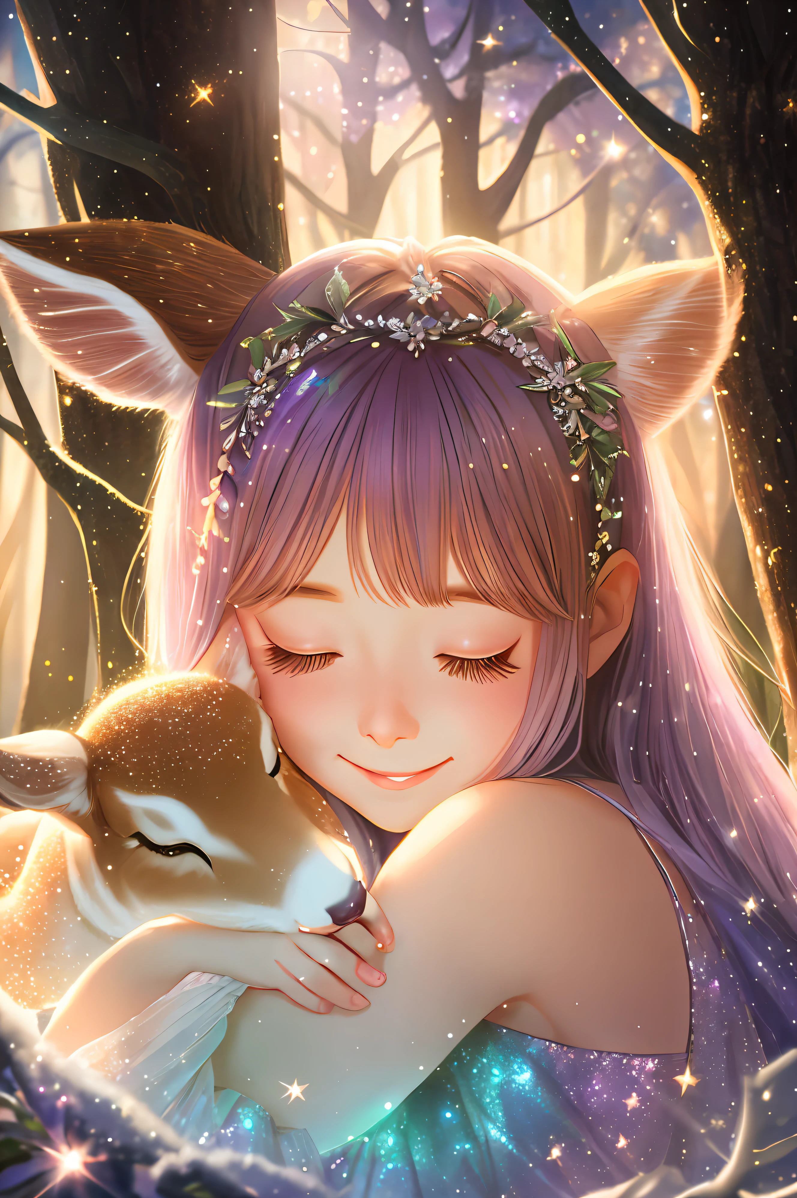Geheimnisvoller Wald, glitter, hell, Licht, Hirsch-Elternteil und Kind, Schlafening, pretty girl, Smile, zurechtkommen, fun, Schlafen, Heiligenschein, hell background, fee, moonLicht --auto --s2