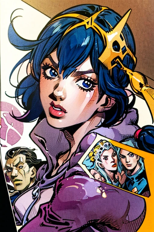 inspired by Hirohiko Araki, inspired in hirohiko araki, 2~three men and a woman, dynamic leadership style, snuggle pose, (unnatural colored lips), biomecha mascot character, High quality color sketches, color screen tone, manga, white sputtering, particles of light, watercolor color painting, anatomically correct, masterpiece, highest quality, High definition, High and fine, 16k, Photographed at tourist attractions