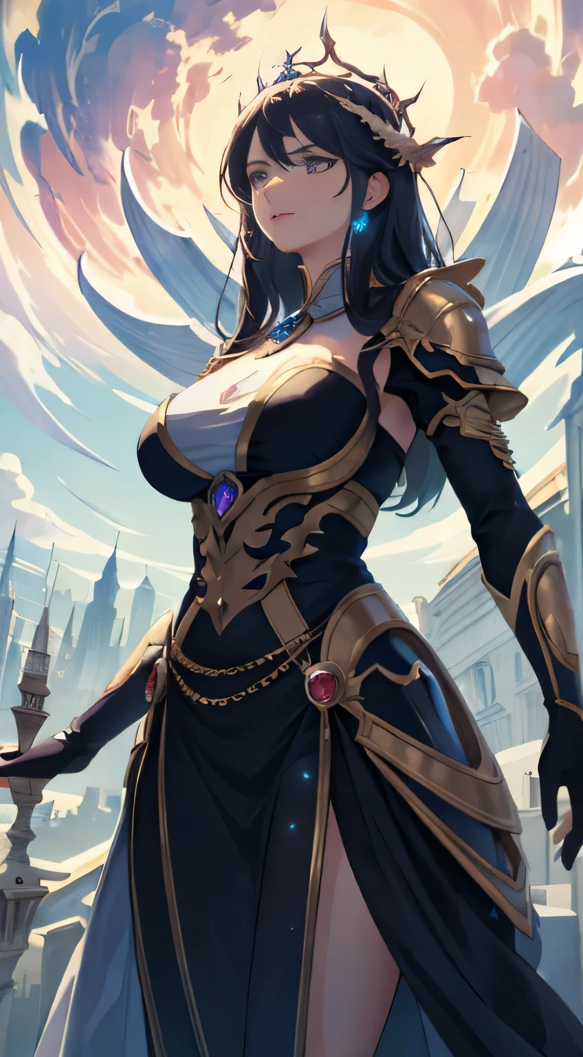 Masterpiece of unparalleled excellence, a breathtaking illustration in 8k resolution, bestowing an ultra-detailed representation of a fantasy city. Science fiction comes to life with this ethereal metropolis suspended in the sky, adorned with many planets orbiting around it. Clouds of various shapes and sizes frame the celestial architecture, while purple energy scars add a mystical allure. A colossal castle, bathed in the vibrant astral skies, stands majestically at the city's heart.