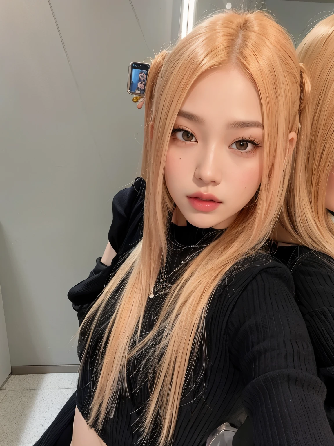 there is a woman con cabello largo taking a selfie in a mirror, jossi de blackpink, parque roseanne de blackpink, Jennie rosa negra, ulzzang, portrait of jossi de blackpink, el corte de hime, Lalisa Manobal, con cabello largo, ava max, Lalisa Manoban de Blackpink, heonhwa choe, bella delfina