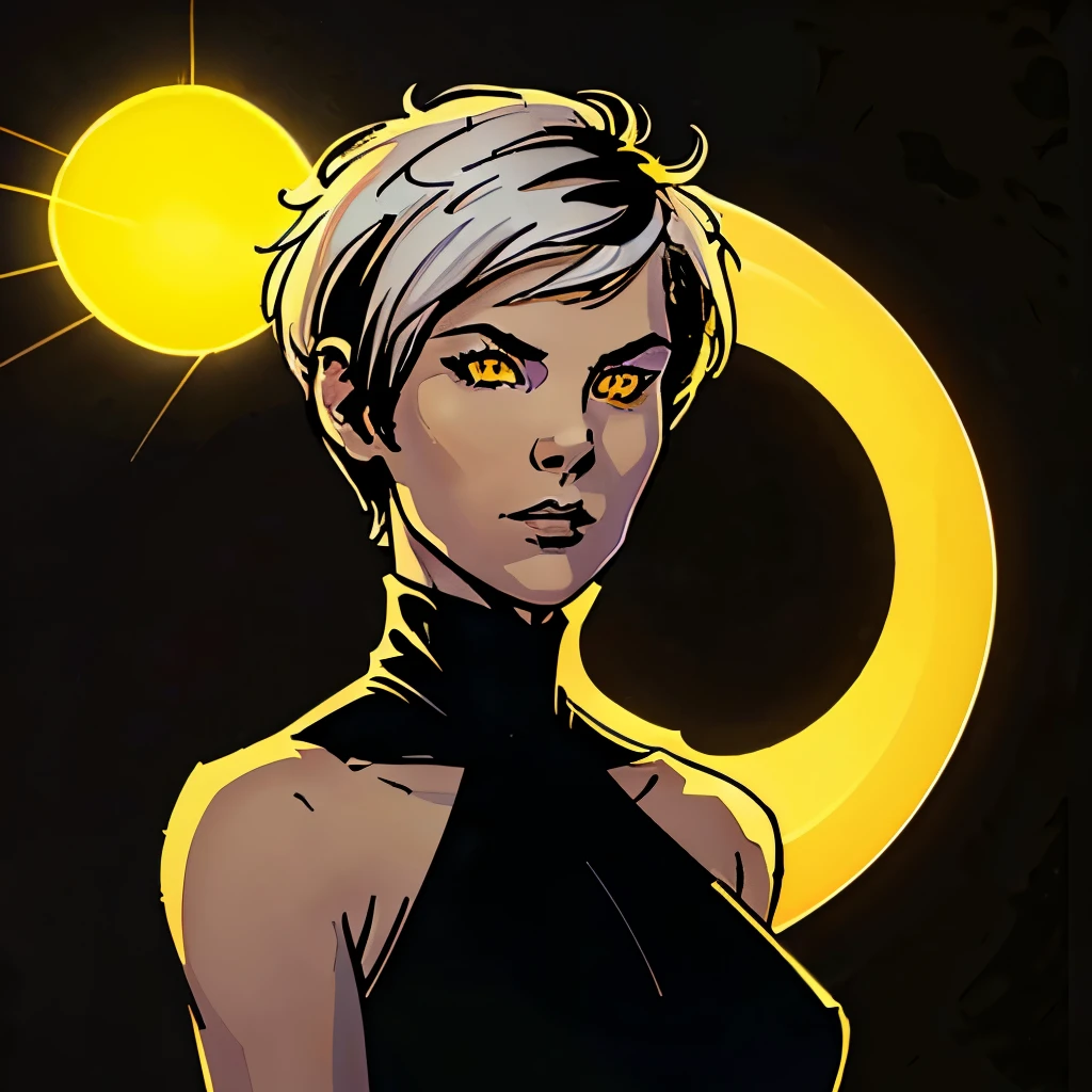 A ((young)) woman with semi pale skin, dark brown hair in the style of a ((short hair)) pixie cut with white ombré ((pixie cut with) (white colored tips)) (white tips of hair)) , ((glowing yellow eyes)), wearing a black turtleneck shirt with no sleeves and black tights (wearing all black) (no sleeves). She has a calm expression. She has a ((shadowy)) ((shadow)) and misty air around her and emitting from her hair. Drawn in comic book style from ((Neil Gaiman’s The Sandman)) ((simple)) ((black background)) ((space background))
