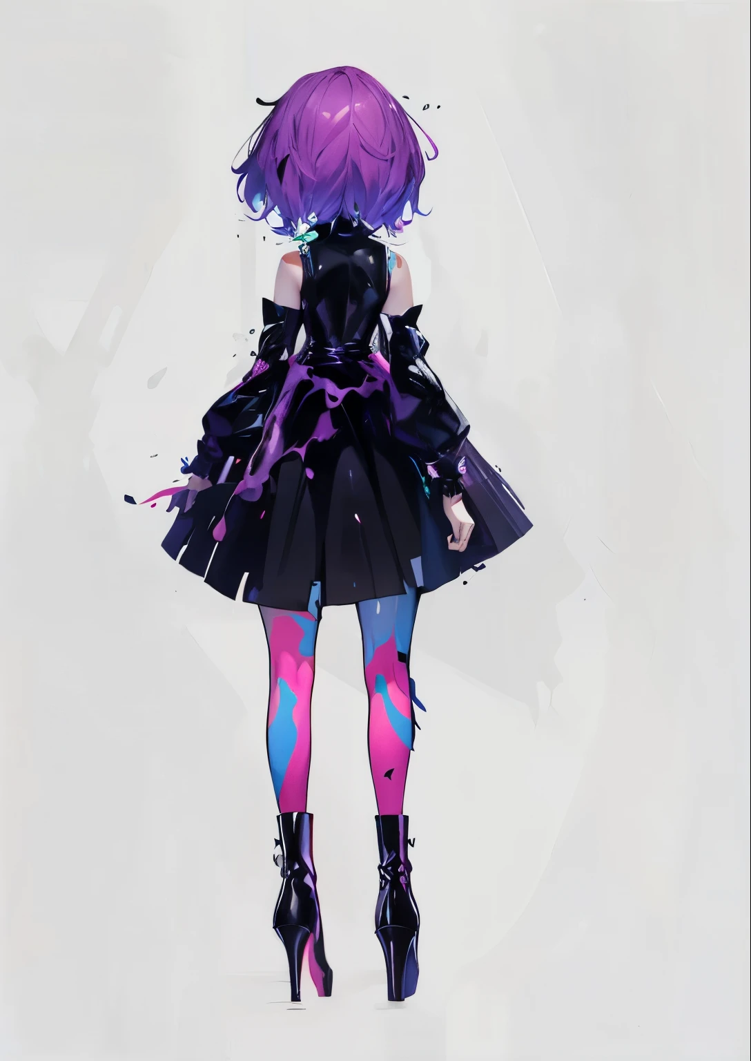Woman facing back, woman's hair fluorescent pink, melted black costume, fluorescent stockings, poisonous apples, splashes of fluorescent poison, black high heels,