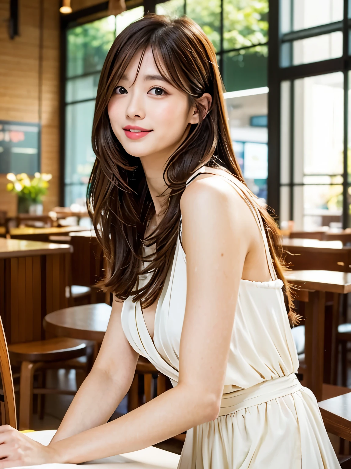 Best quality, masterpiece, super resolution, portrait of a woman with long hair and white dress, (Photorealsitic:1.4), one girl, no background, beautiful young Japanese woman, young lovely Japanese face, gorgeous young Japanese woman, beautiful asian face, young asian woman, (waist shot body), (cafe interior background),