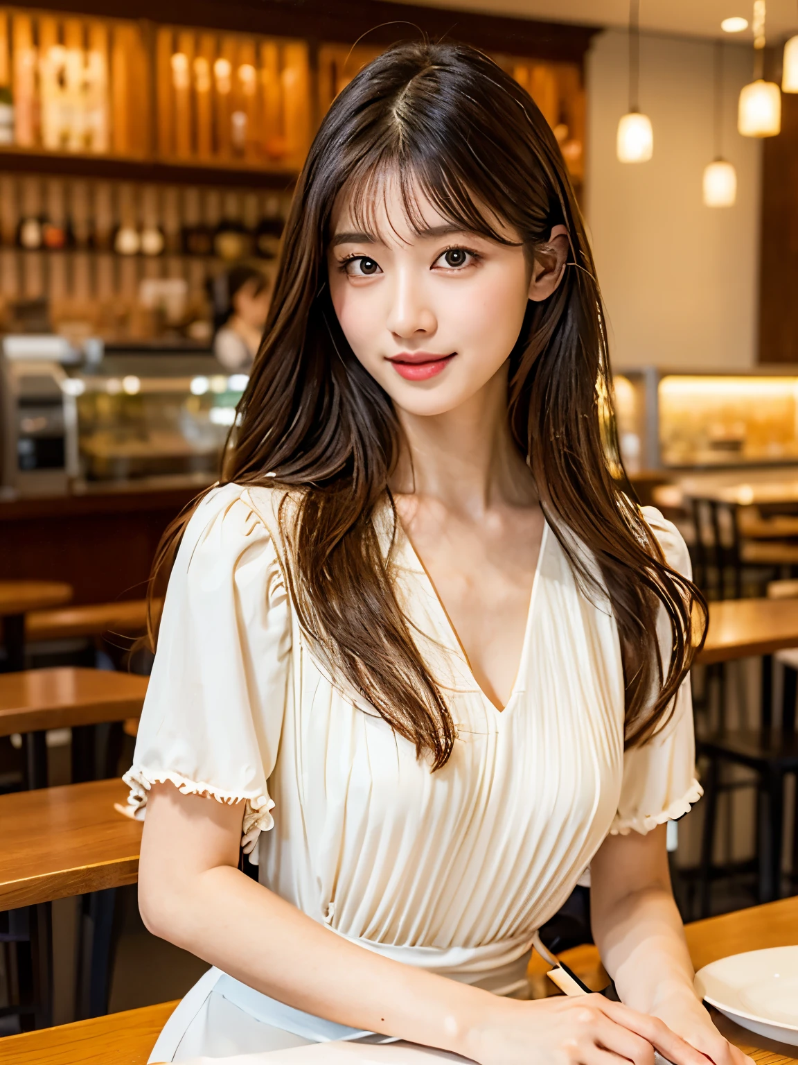 Best quality, masterpiece, super resolution, portrait of a woman with long hair and white dress, (Photorealsitic:1.4), one girl, no background, beautiful young Japanese woman, young lovely Japanese face, gorgeous young Japanese woman, beautiful asian face, young asian woman, (waist shot body), (cafe interior background),