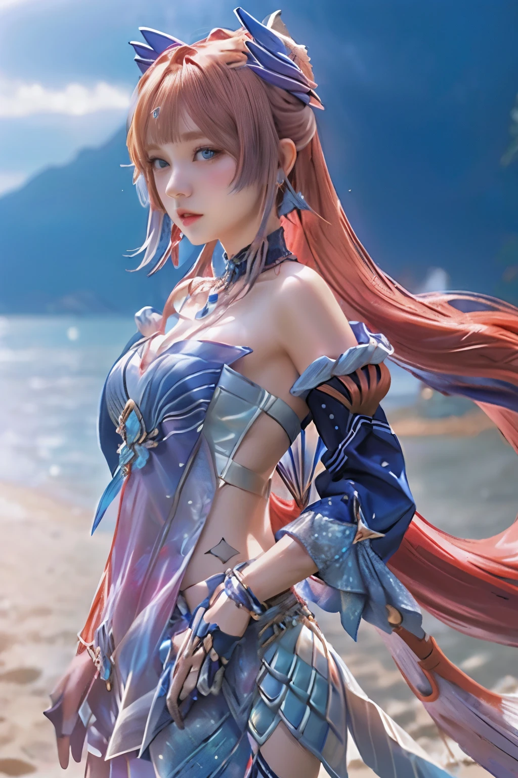 Mud building (Genshin Impact), behind the sea, 1 girl, Blurred background, Keep your mouth shut, bare arms, Accessories, Nude sleeves, bare shoulders, Red hair, bracelet, necklace, Cowboy shooting, sideways