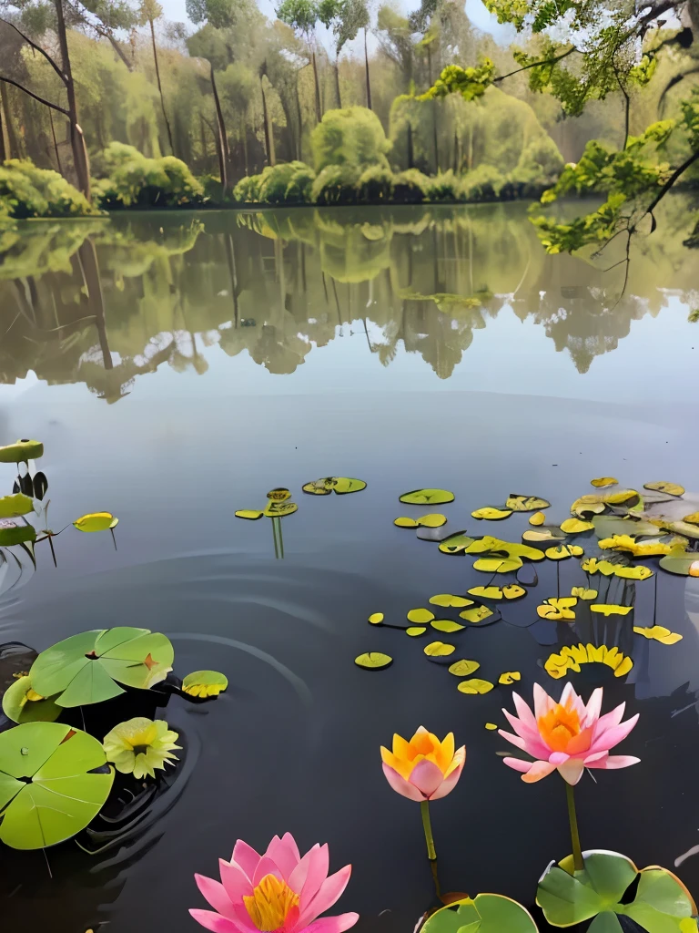 Morning Forest, lake, water lilies on the water, a ray of sun breaks through the trees, wild flowers around the lake