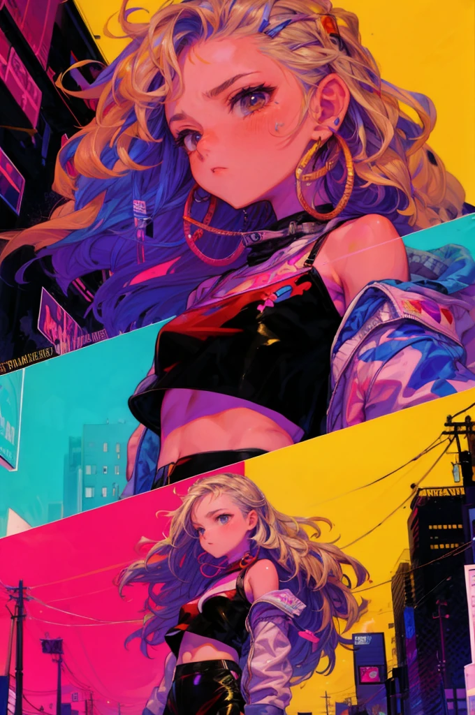 1girl, wavy hair, graffiti style comic illustration, comic panels, 4 panels, city streets, hip hop themed, clean lines, vibrant 