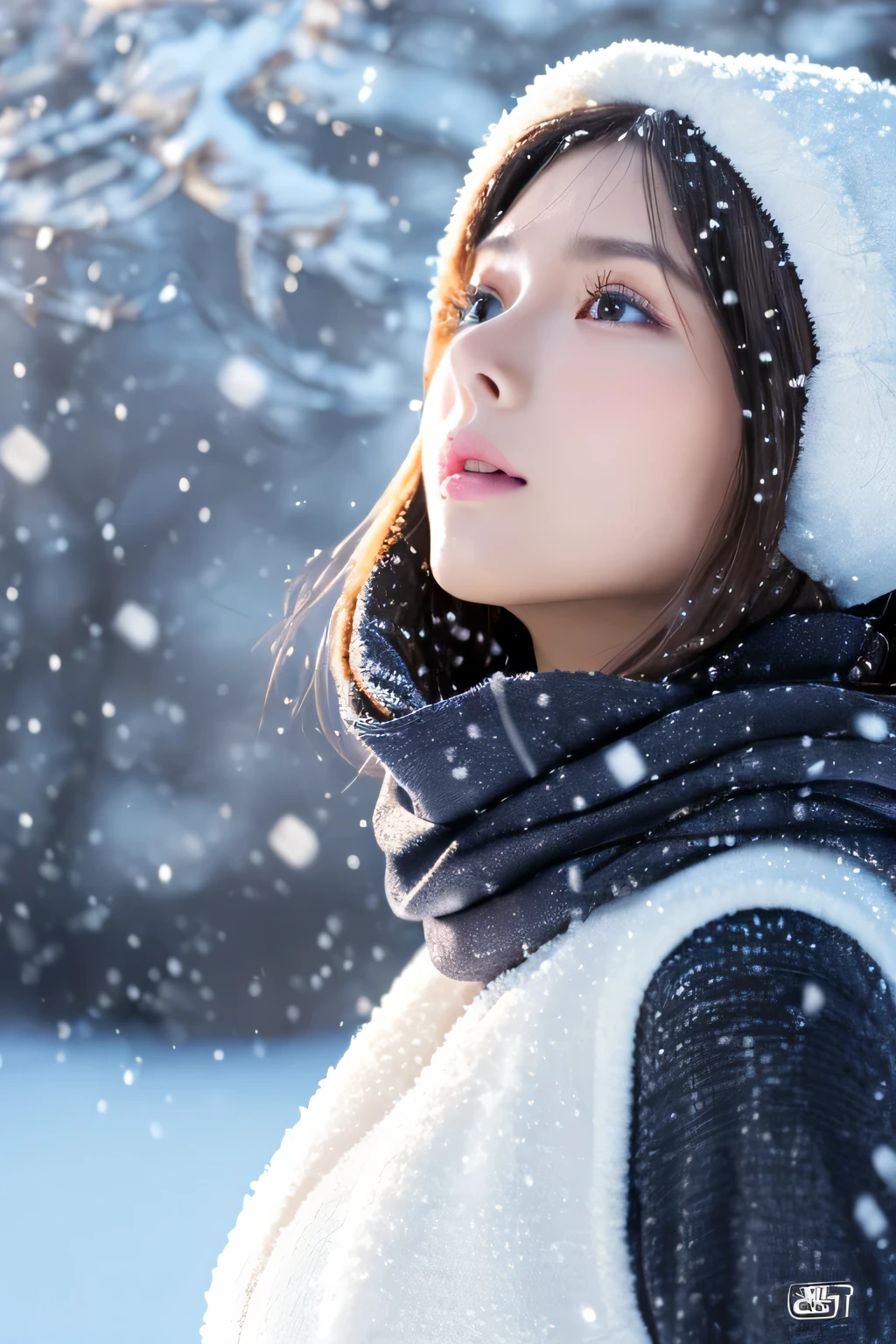 ((highest qualthaty、8k、Masseter muscle part:1.3))、(beautiful, realistic Japanese),1 female、winter coat、(big breasts:1.2)、scarf、I have wool、gloves、highly detailed face、High-definthation lips、detailed eye、double eyelid 、that&#39;It&#39;s snowing、whthate breath、landscape、look up at the sky、large tree、nature、your、Whthate world、