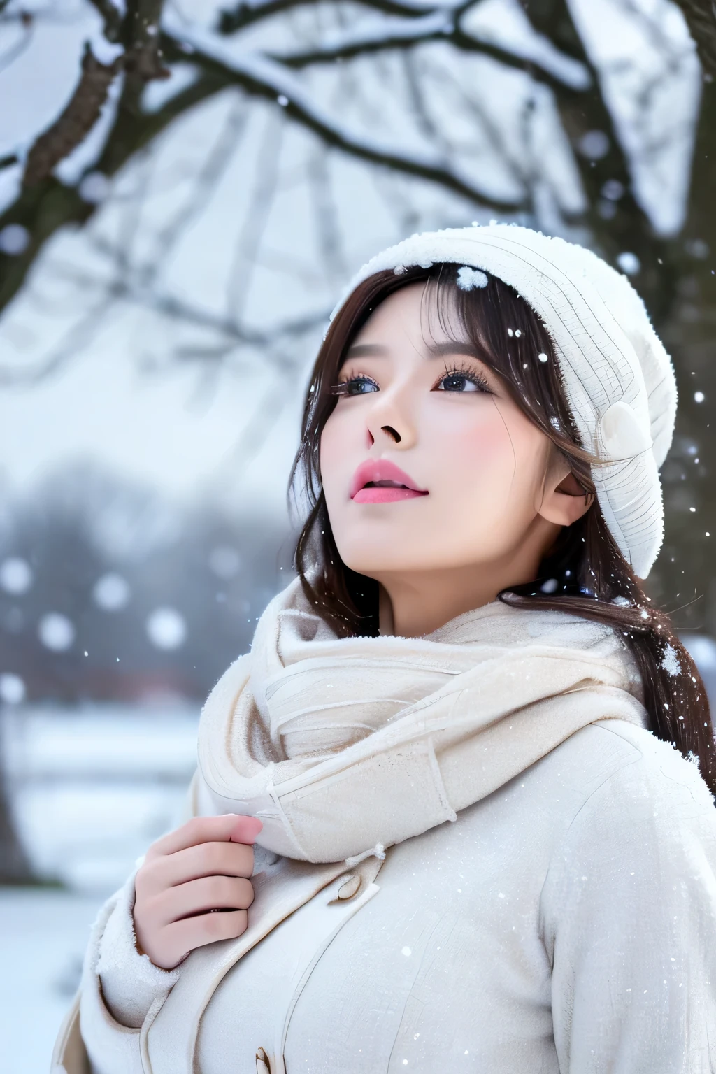 ((highest qualthaty、8k、Masseter muscle part:1.3))、(beautiful, realistic Japanese),1 female、winter coat、(big breasts:1.2)、scarf、I have wool、gloves、highly detailed face、High-definthation lips、detailed eye、double eyelid 、that'It's snowing、whthate breath、landscape、look up at the sky、large tree、nature、your、Whthate world、