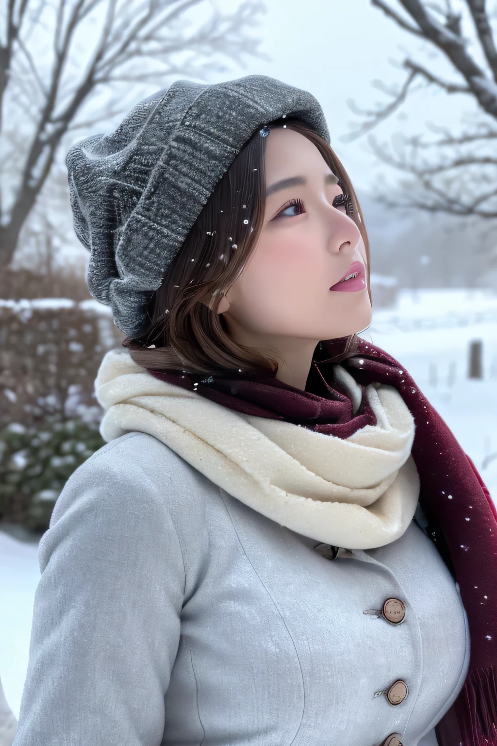 ((highest qualthaty、8k、Masseter muscle part:1.3))、(beautiful, realistic Japanese),1 female、winter coat、(big breasts:1.2)、scarf、I have wool、gloves、highly detailed face、High-definthation lips、detailed eye、double eyelid 、that'It's snowing、whthate breath、landscape、look up at the sky、large tree、nature、your、Whthate world、