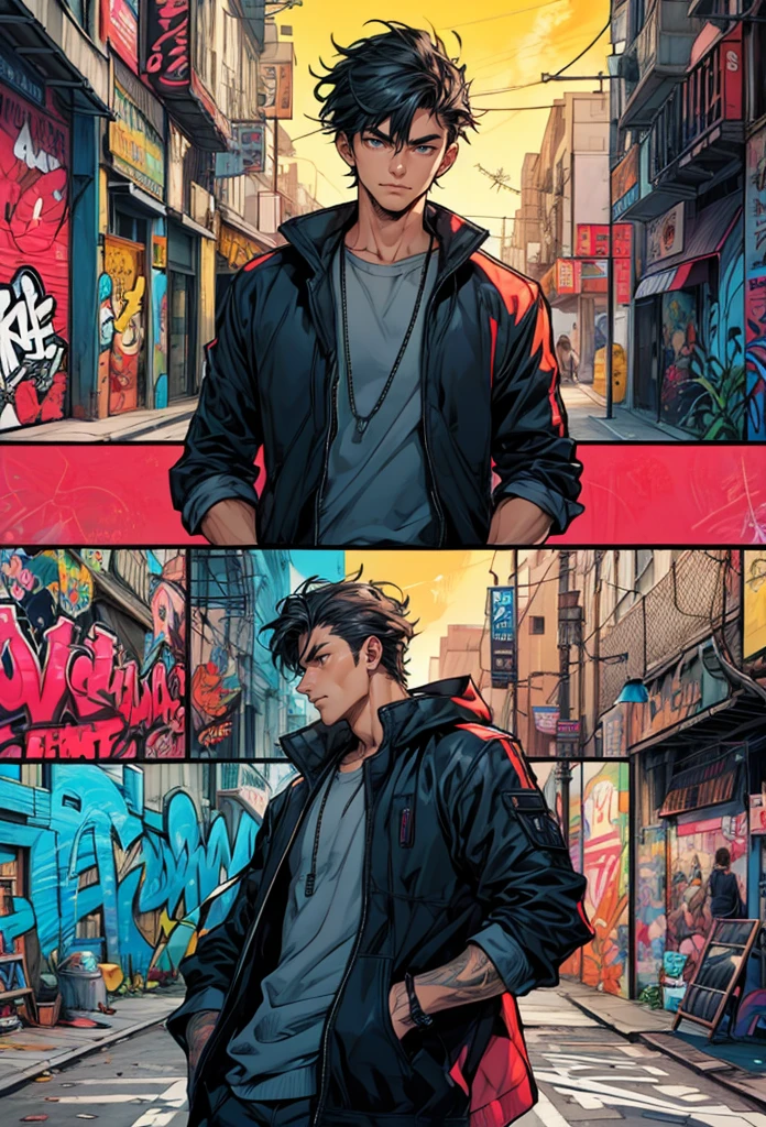 handsome man, stylish, graffiti style comic illustration, comic panels, 4 panels, city streets, hip hop themed, clean lines, vibrant