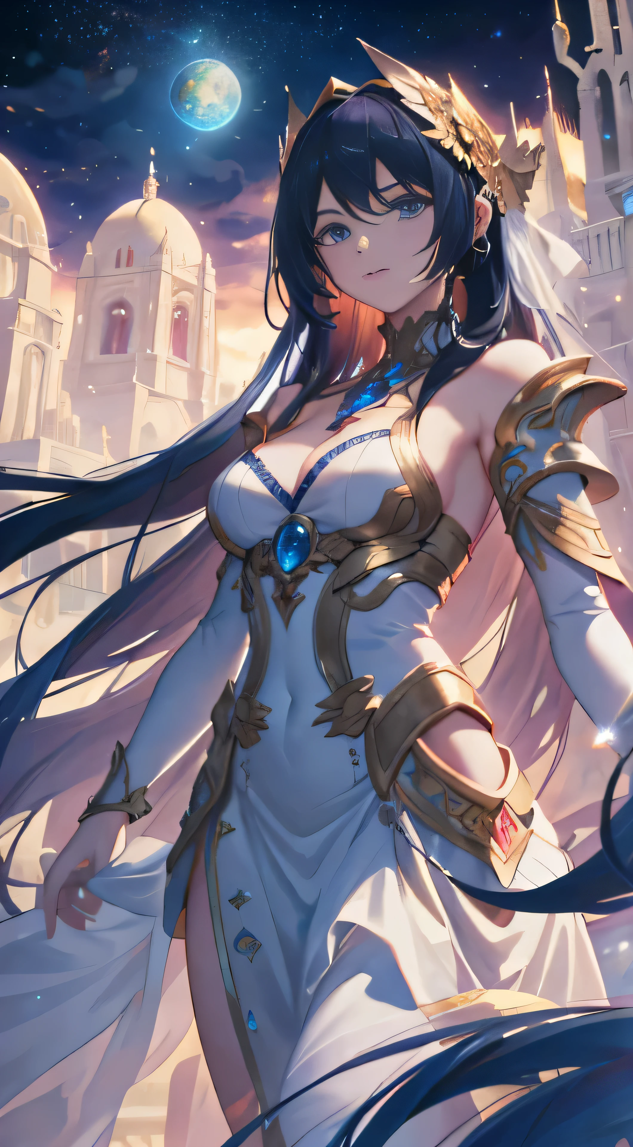 Masterpiece of unparalleled excellence, a breathtaking illustration in 8k resolution, bestowing an ultra-detailed representation of a fantasy city. Science fiction comes to life with this ethereal metropolis suspended in the sky, adorned with many planets orbiting around it. Clouds of various shapes and sizes frame the celestial architecture, while purple energy scars add a mystical allure. A colossal castle, bathed in the vibrant astral skies, stands majestically at the city's heart.