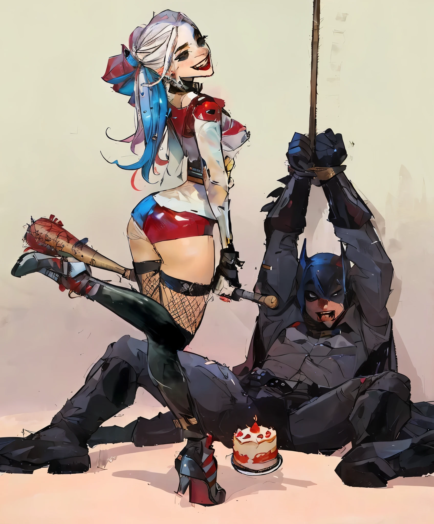 Samdoesart, Batman and Harley in a scene with a cake and a baseball bat, rainha arlequina, Harley Quinn, lady gaga is Harley Quinn