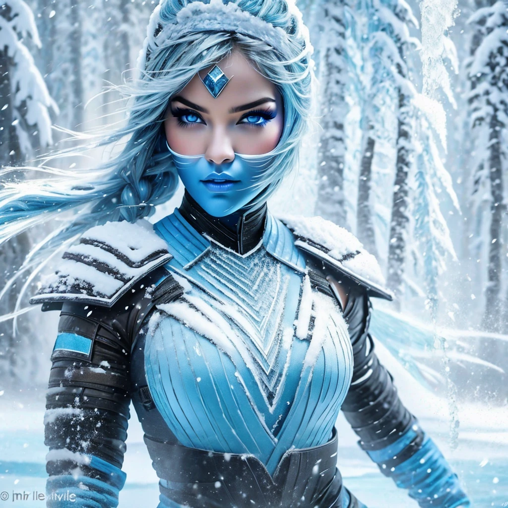 1 girl with blue hair in frost bodysuit,The upper part of the body, glowing hairs,Ice blue gemstone eyes,Smooth skin,Grim expression,Beautiful art UHD 4 K, En plein air, ice river, Beautiful character, Beautiful portrait, Expressive, painting of beautiful, expressive beautiful portrait