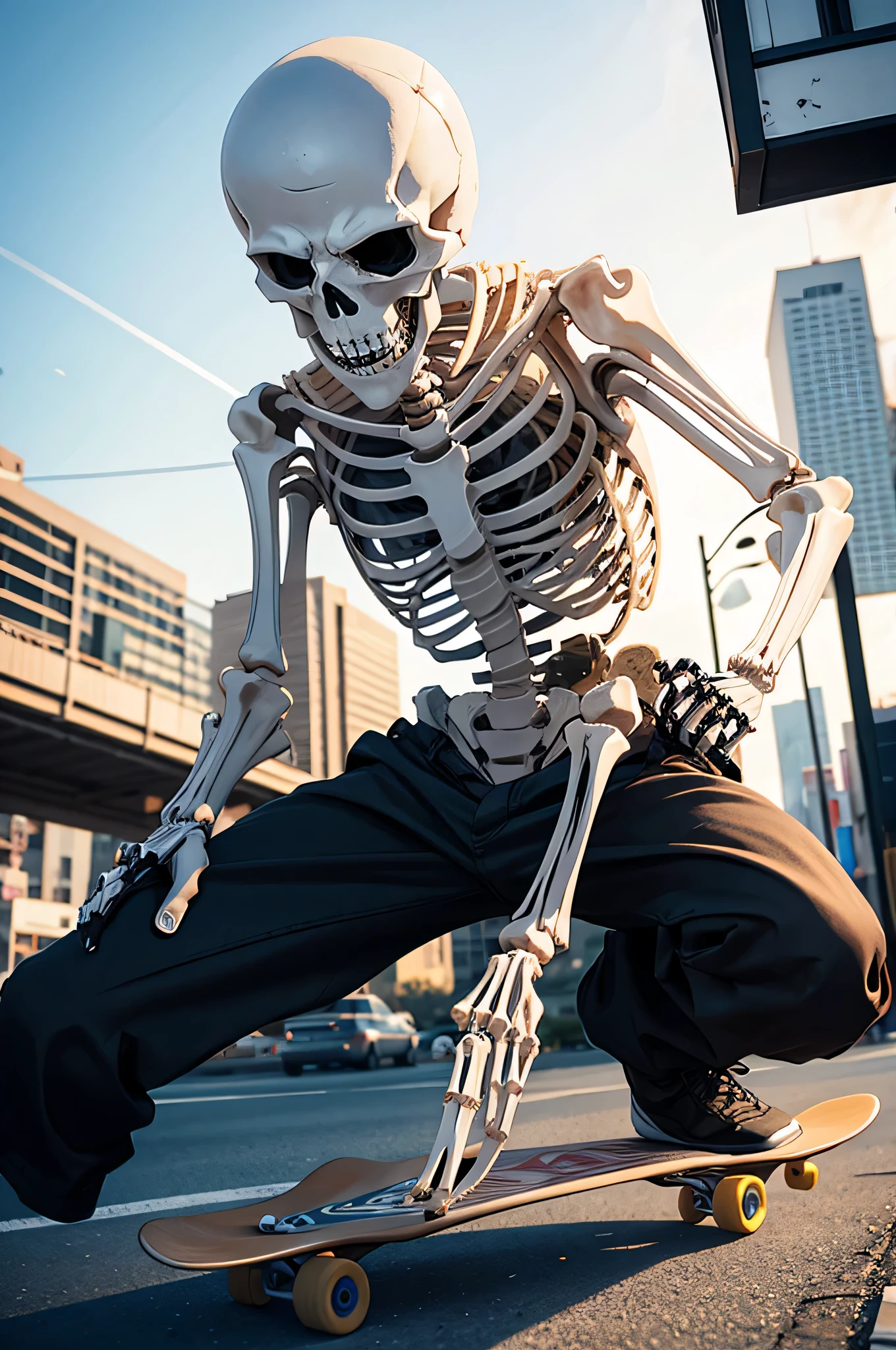 A skeleton riding a skateboard